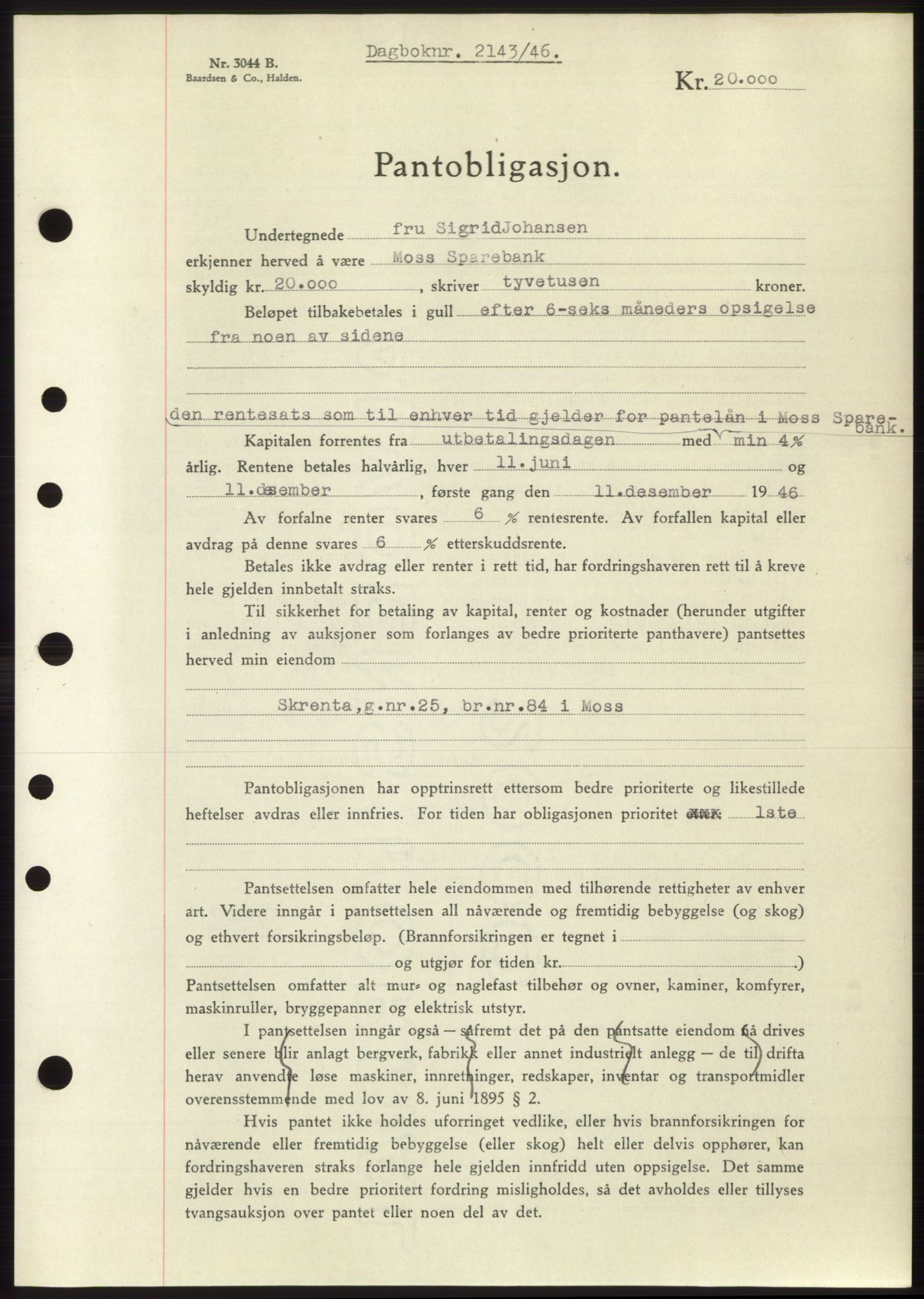 Moss sorenskriveri, SAO/A-10168: Pantebok nr. B15, 1946-1946, Dagboknr: 2143/1946