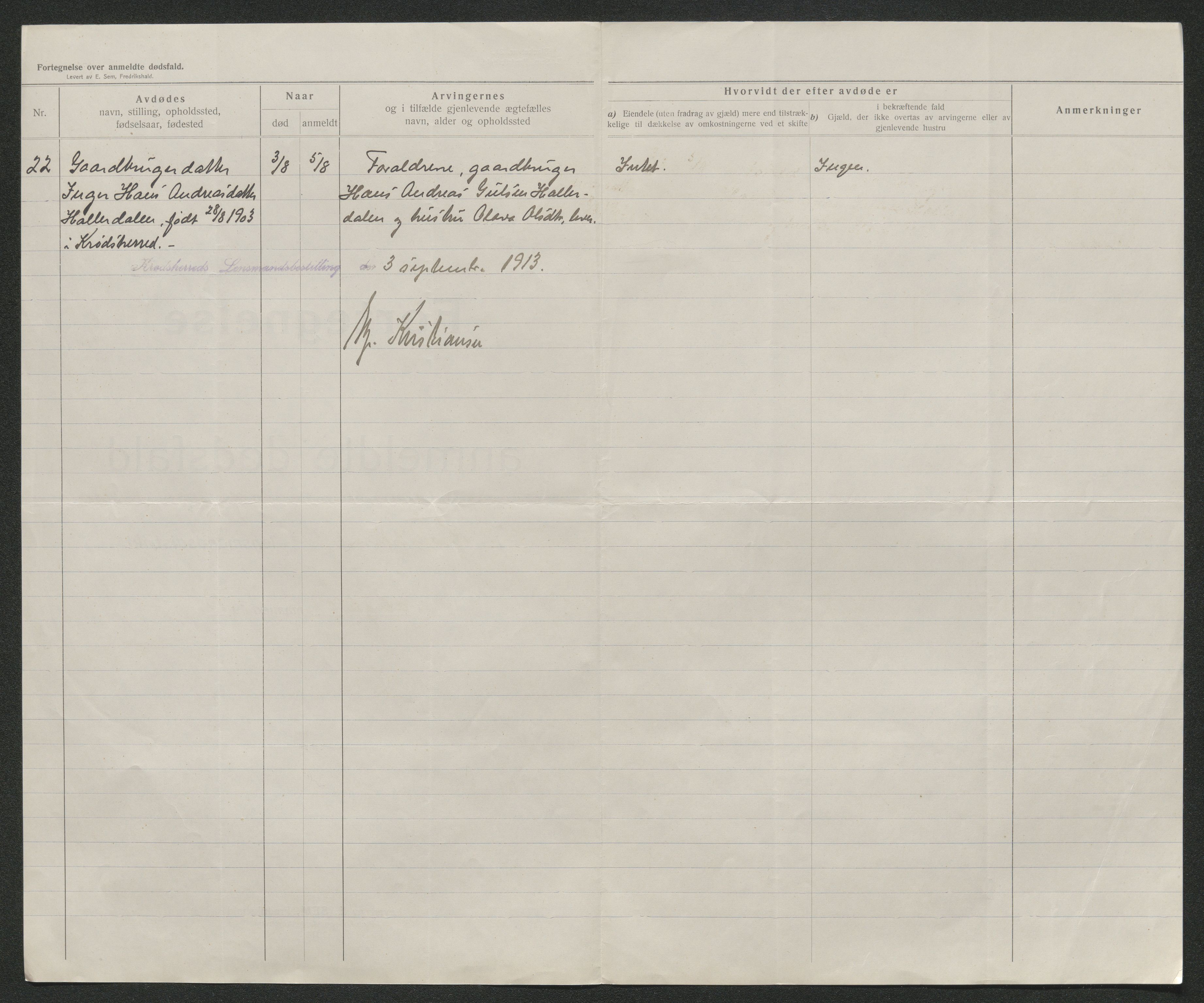 Eiker, Modum og Sigdal sorenskriveri, AV/SAKO-A-123/H/Ha/Hab/L0036: Dødsfallsmeldinger, 1913, s. 282