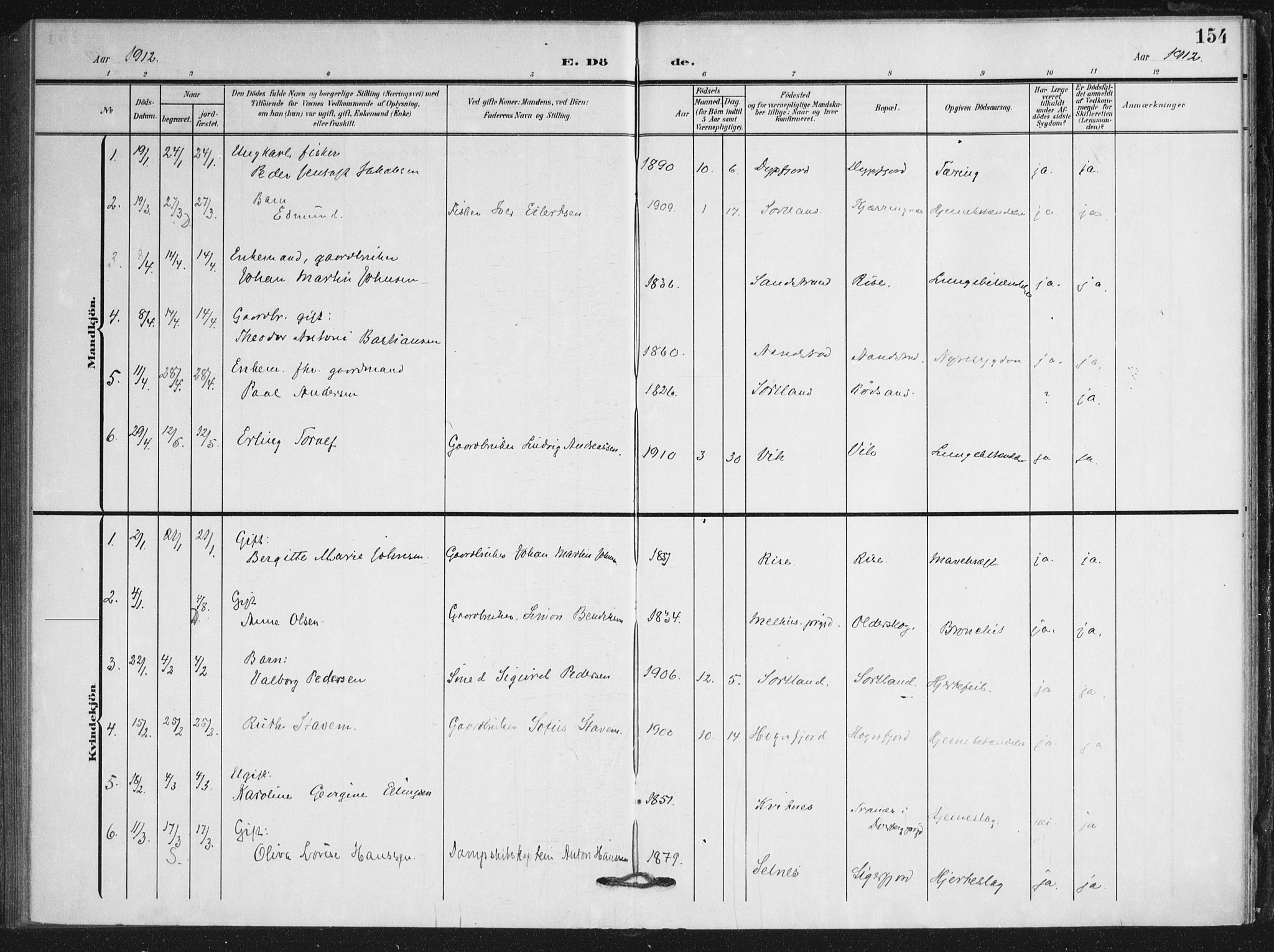 Ministerialprotokoller, klokkerbøker og fødselsregistre - Nordland, AV/SAT-A-1459/895/L1373: Ministerialbok nr. 895A08, 1905-1915, s. 154