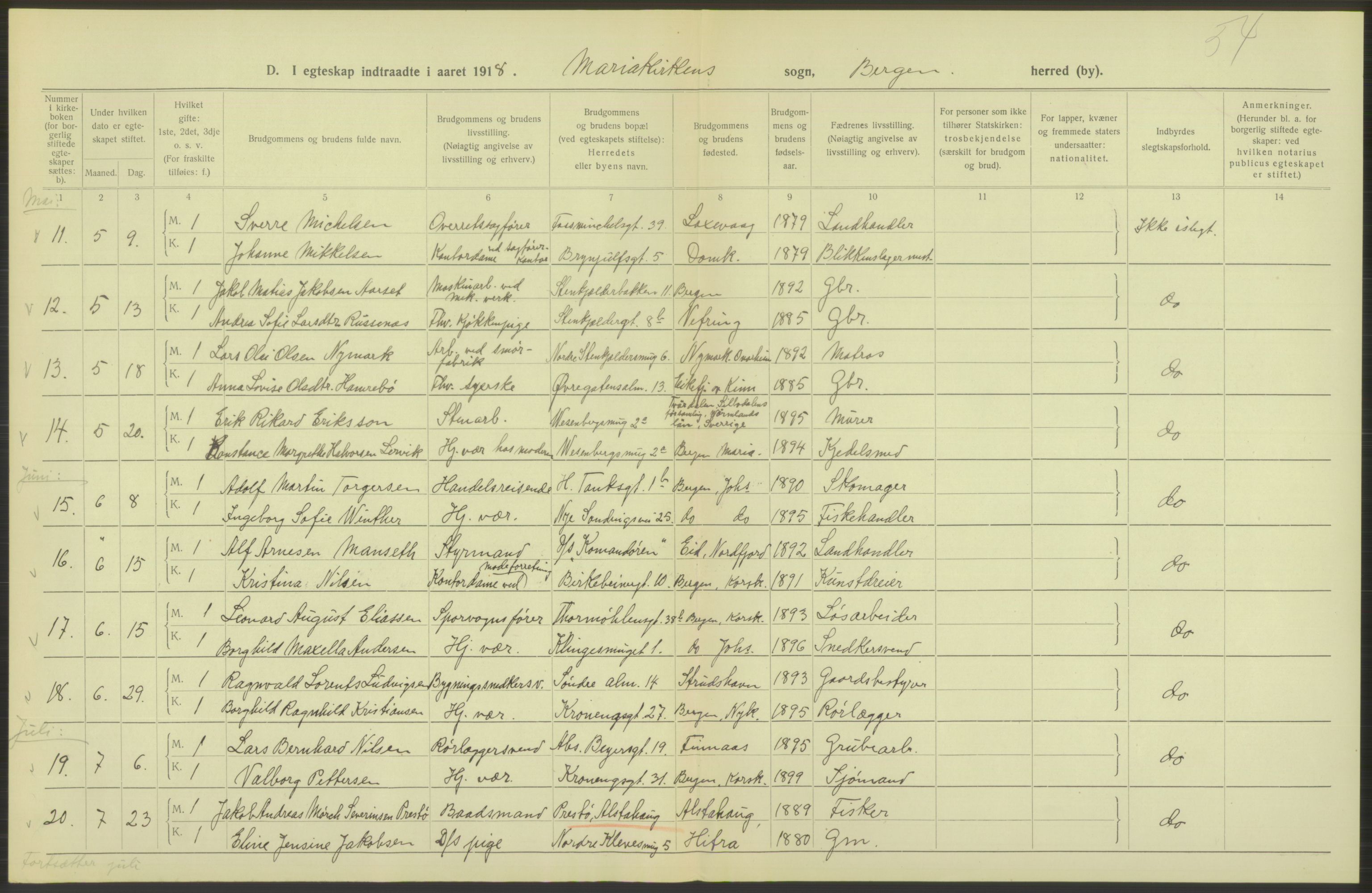 Statistisk sentralbyrå, Sosiodemografiske emner, Befolkning, AV/RA-S-2228/D/Df/Dfb/Dfbh/L0038: Bergen: Gifte, dødfødte., 1918, s. 190