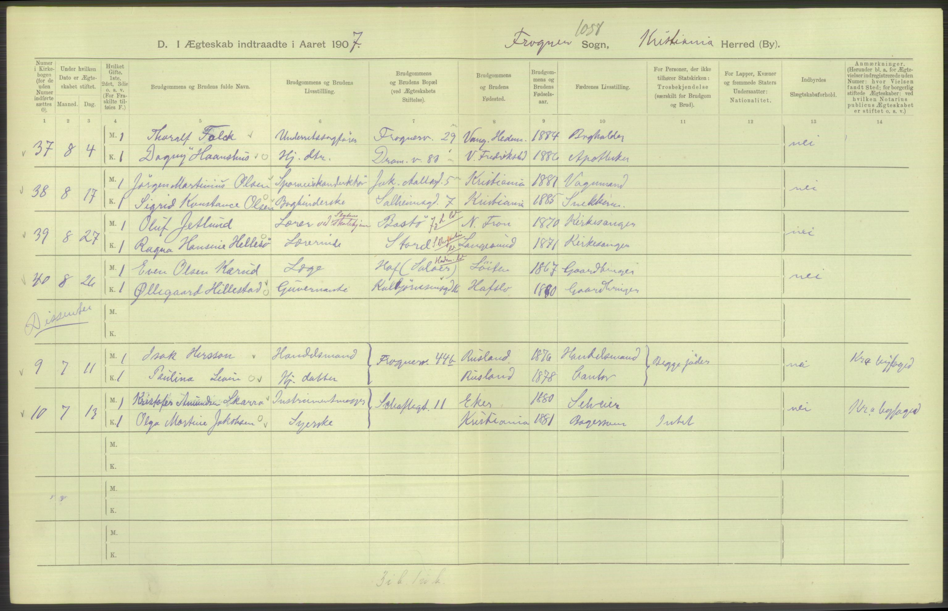 Statistisk sentralbyrå, Sosiodemografiske emner, Befolkning, AV/RA-S-2228/D/Df/Dfa/Dfae/L0008: Kristiania: Gifte, 1907, s. 564