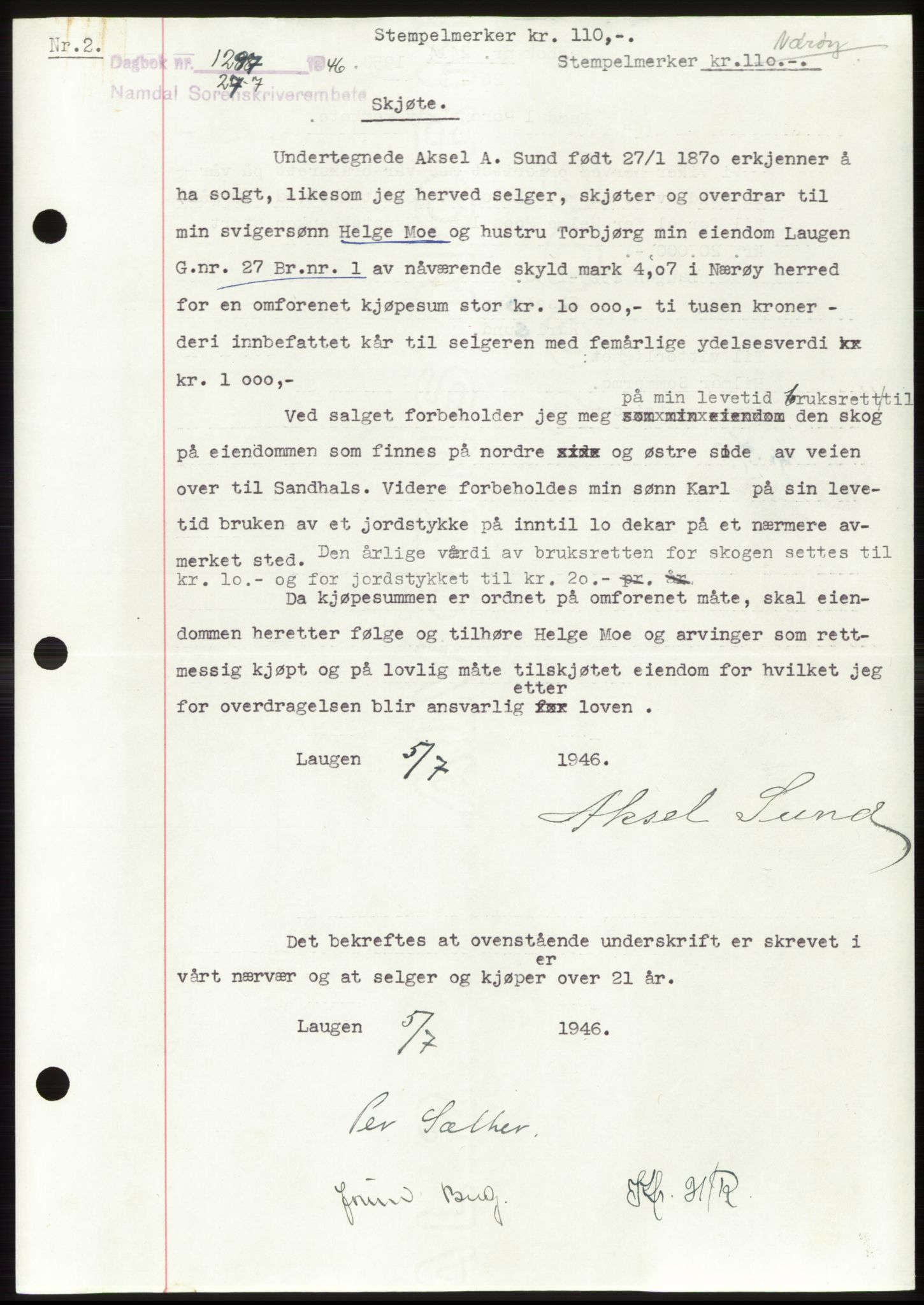 Namdal sorenskriveri, SAT/A-4133/1/2/2C: Pantebok nr. -, 1946-1946, Dagboknr: 1297/1946