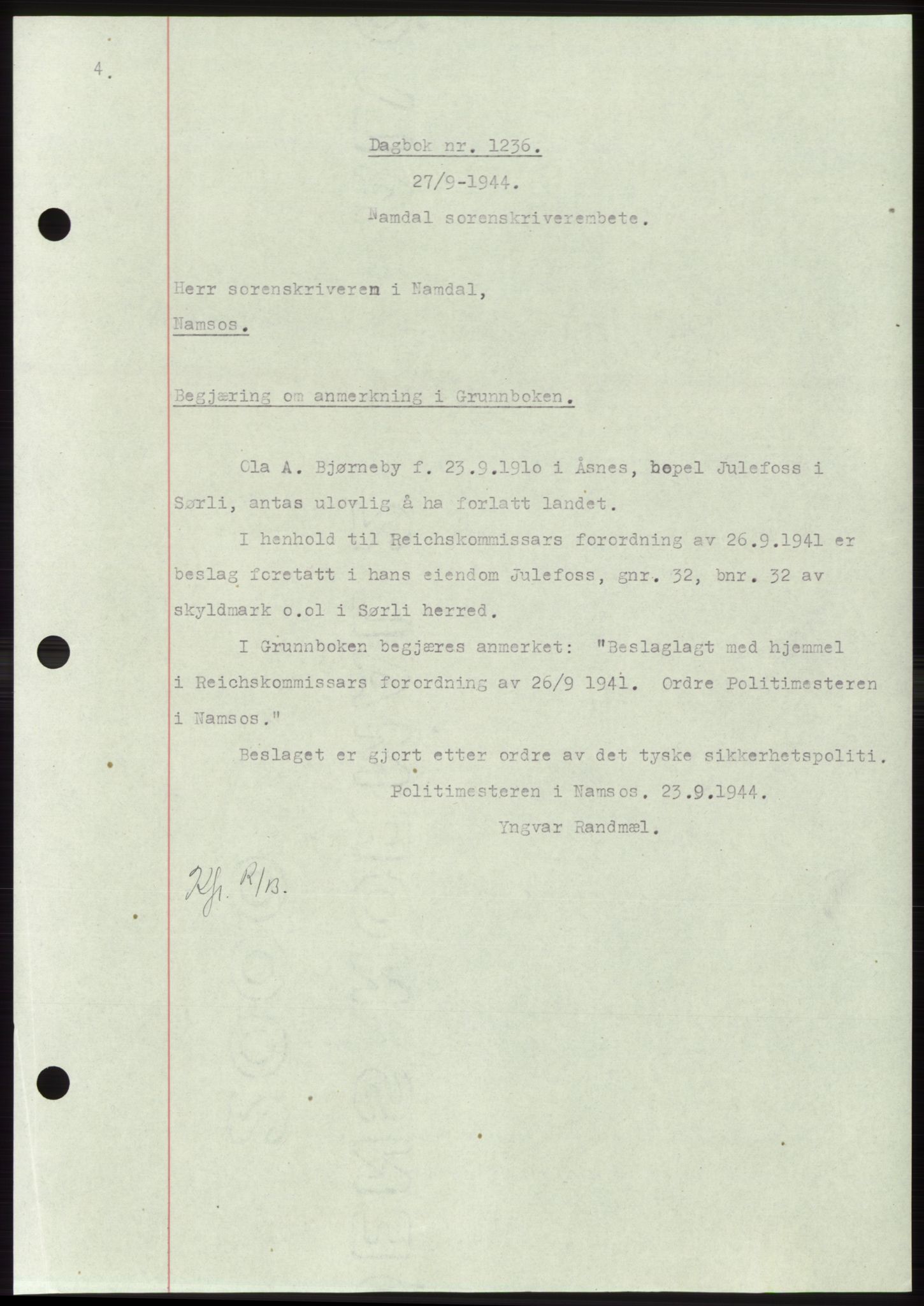 Namdal sorenskriveri, SAT/A-4133/1/2/2C: Pantebok nr. -, 1944-1945, Dagboknr: 1236/1944