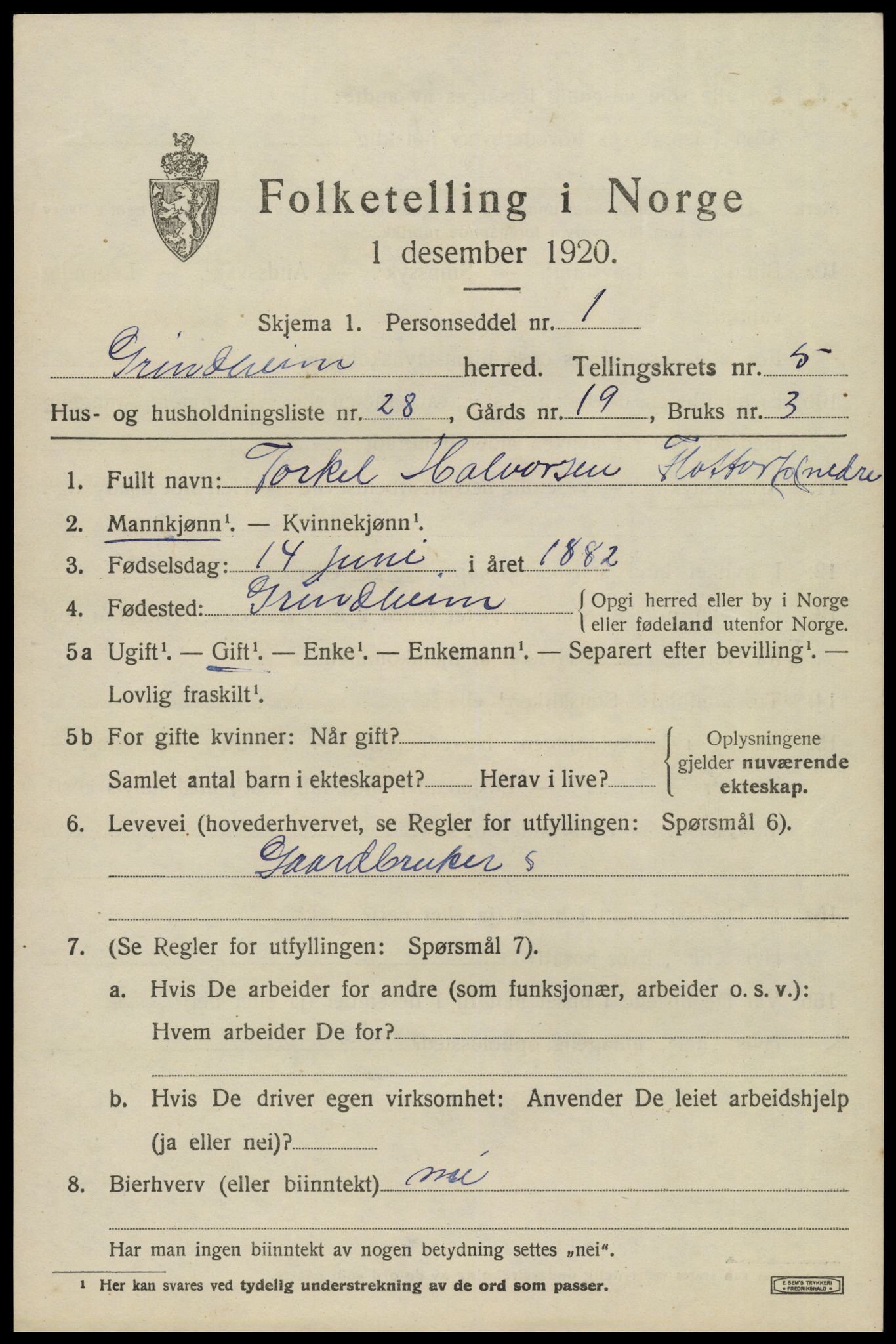 SAK, Folketelling 1920 for 1025 Grindheim herred, 1920, s. 1839