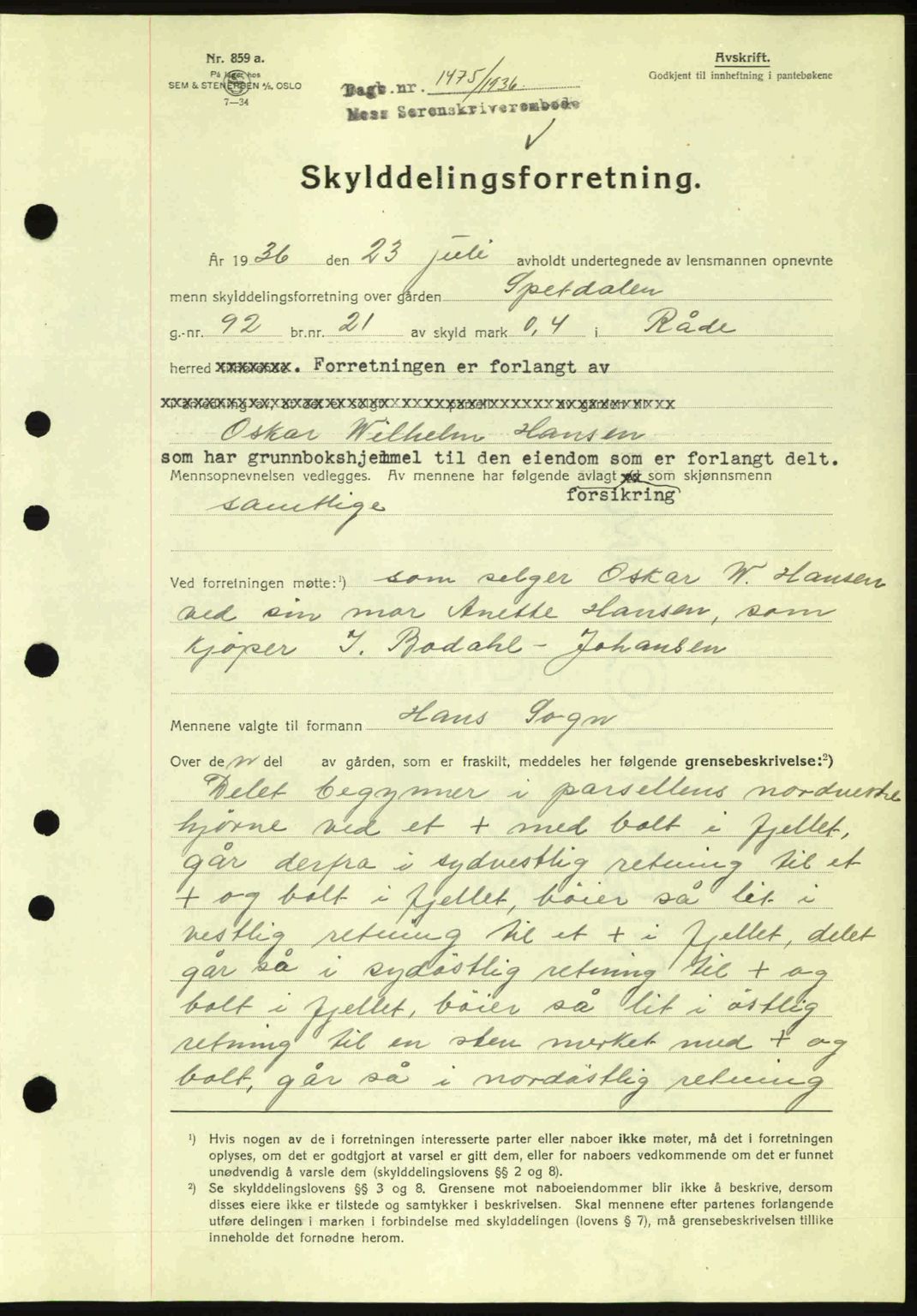 Moss sorenskriveri, SAO/A-10168: Pantebok nr. A1, 1936-1936, Dagboknr: 1475/1936