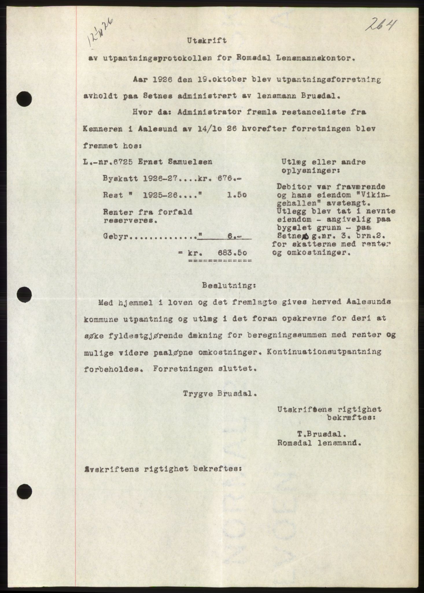 Romsdal sorenskriveri, AV/SAT-A-4149/1/2/2C/L0051: Pantebok nr. 45, 1926-1927, Tingl.dato: 01.11.1926