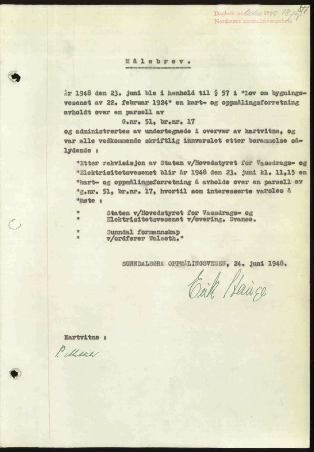 Nordmøre sorenskriveri, SAT/A-4132/1/2/2Ca: Pantebok nr. A108, 1948-1948, Dagboknr: 2060/1948