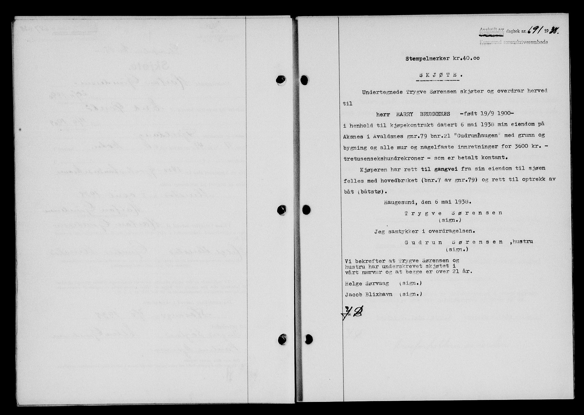 Karmsund sorenskriveri, SAST/A-100311/01/II/IIB/L0069: Pantebok nr. 50A, 1937-1938, Dagboknr: 691/1938