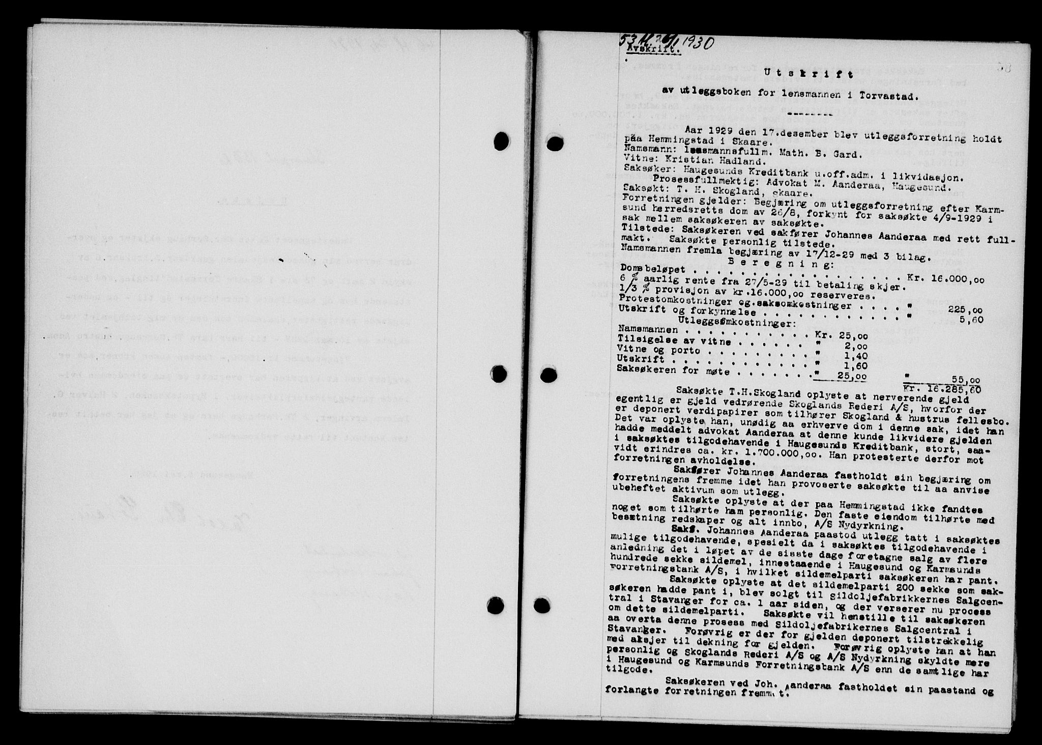 Karmsund sorenskriveri, SAST/A-100311/01/II/IIB/L0056: Pantebok nr. 37, 1929-1930, Tingl.dato: 20.01.1930