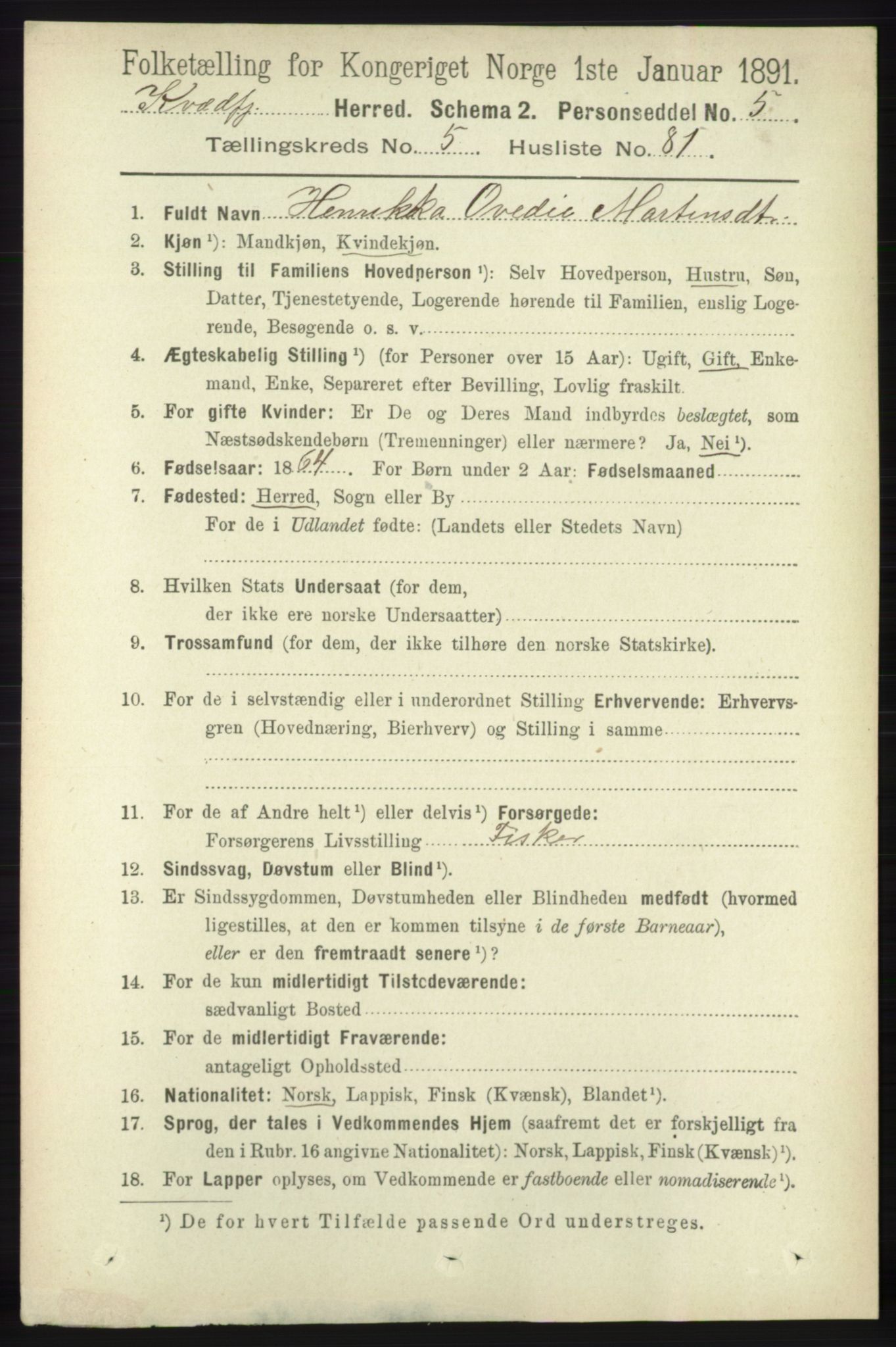 RA, Folketelling 1891 for 1911 Kvæfjord herred, 1891, s. 3341