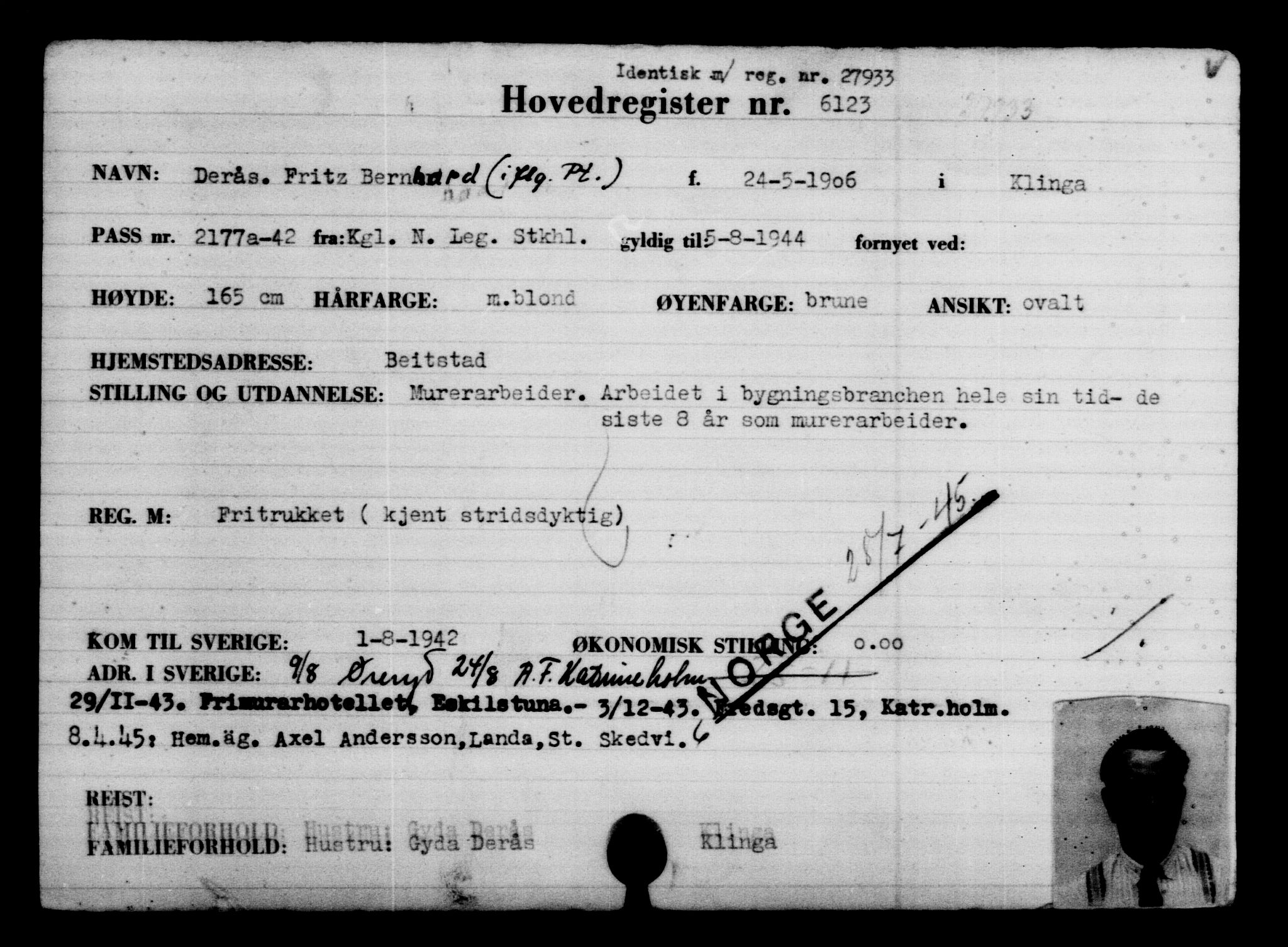 Utenriksstasjonene, Legasjonen i Stockholm, Flyktningkontoret, AV/RA-S-6753/V/Va/L0004: Kjesäterkartoteket, flyktninger med registreringsnr. 3496-6610, 1940-1945, s. 3078