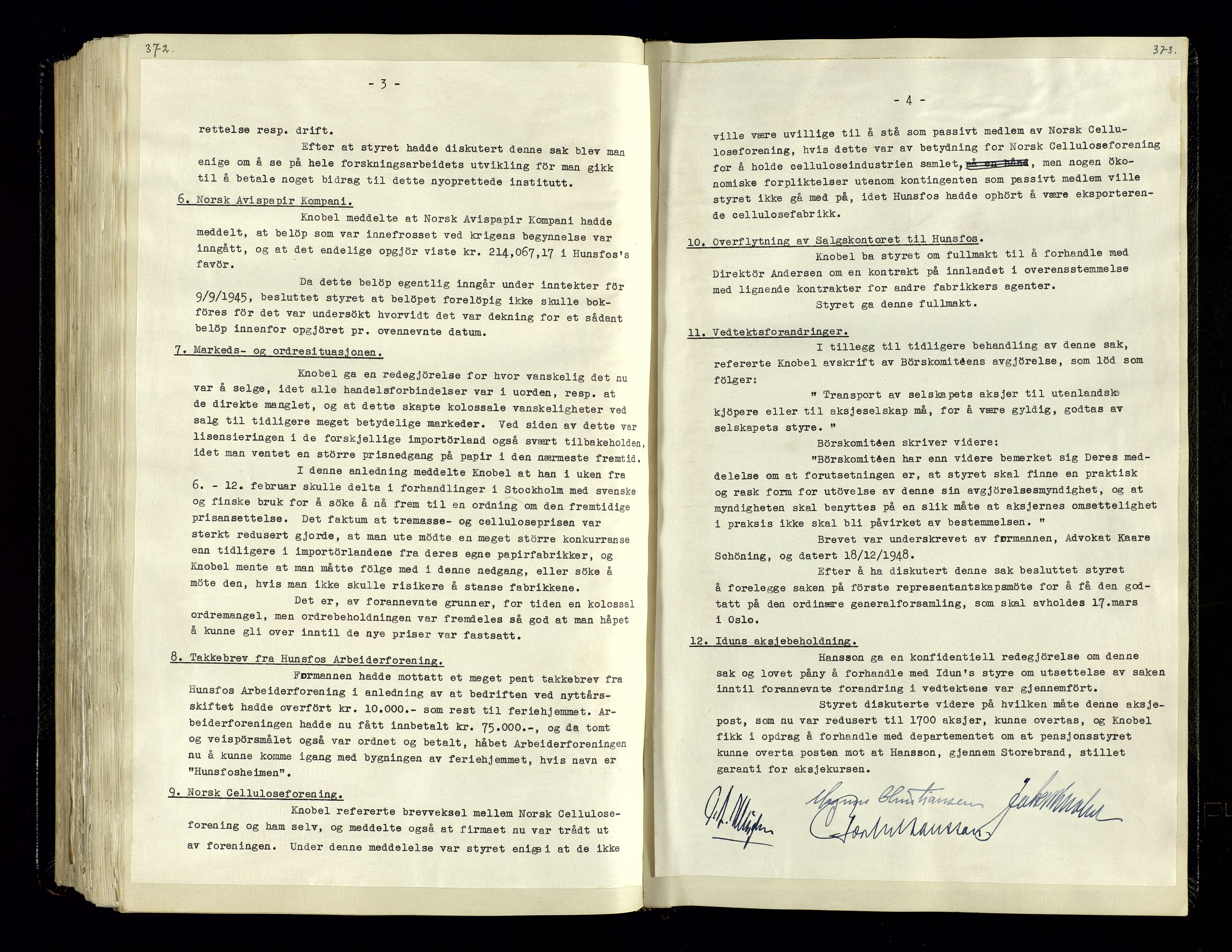 Hunsfos fabrikker, SAK/D/1440/02/L0006: Referatprotokoll fra styremøter, 1938-1950, s. 372-373