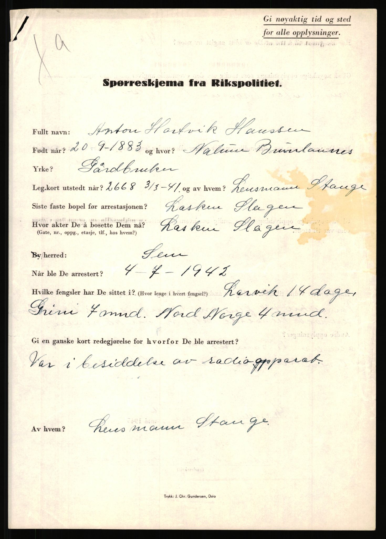 Rikspolitisjefen, AV/RA-S-1560/L/L0006: Hansen, Adolf Boye - Hemstad, Gunnar, 1940-1945, s. 15