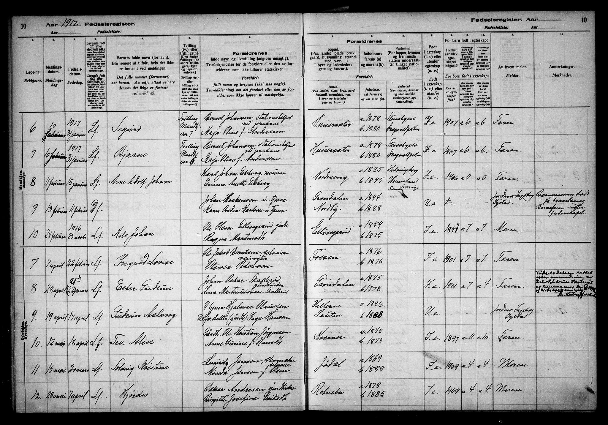 Ullensaker prestekontor Kirkebøker, AV/SAO-A-10236a/J/Ja/L0001: Fødselsregister nr. I 1, 1916-1938, s. 10