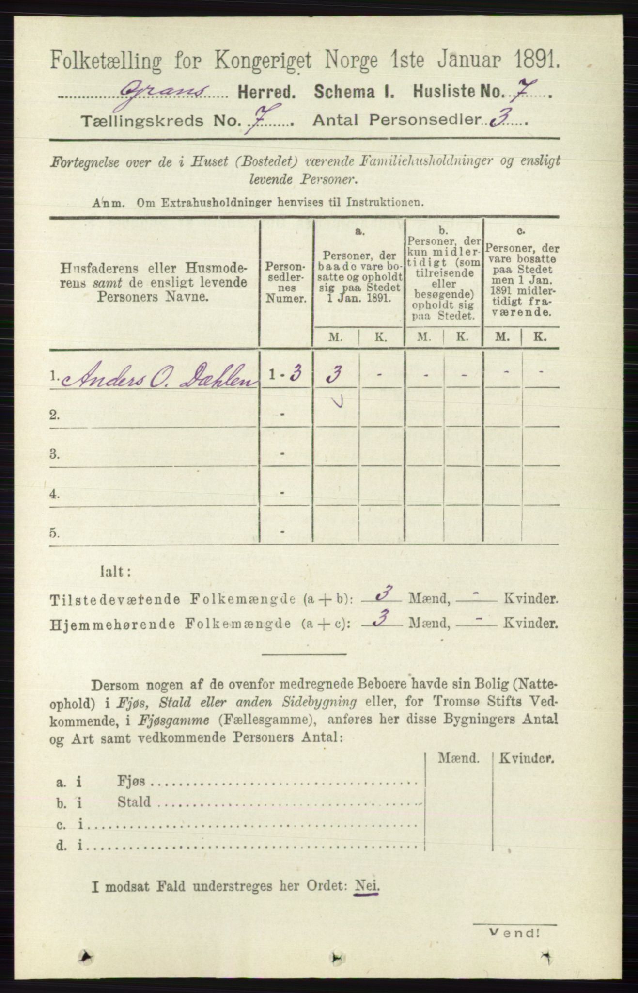 RA, Folketelling 1891 for 0534 Gran herred, 1891, s. 2721