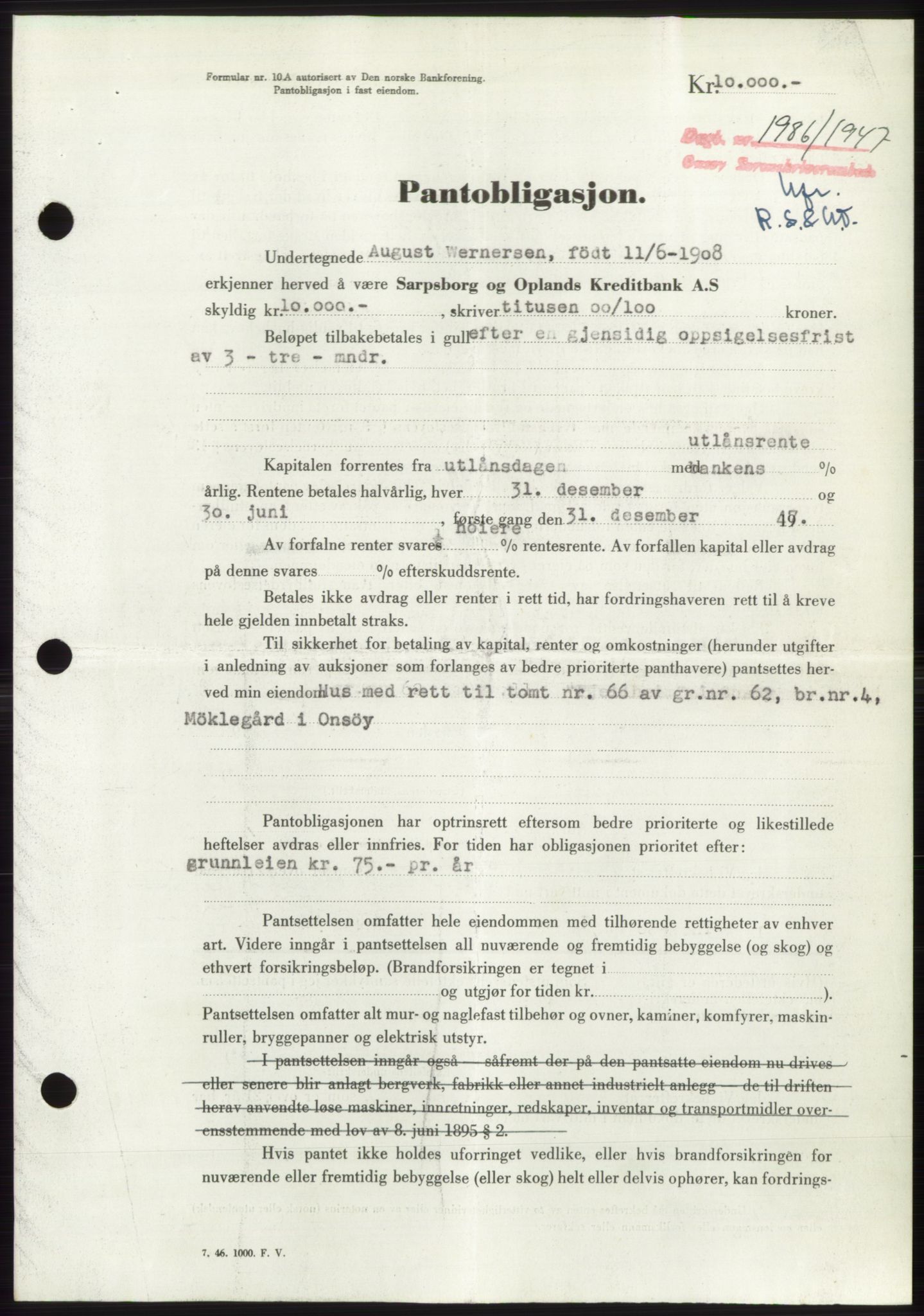 Onsøy sorenskriveri, SAO/A-10474/G/Ga/Gac/L0006: Pantebok nr. B 12-6, 1947-1948, Dagboknr: 1986/1947
