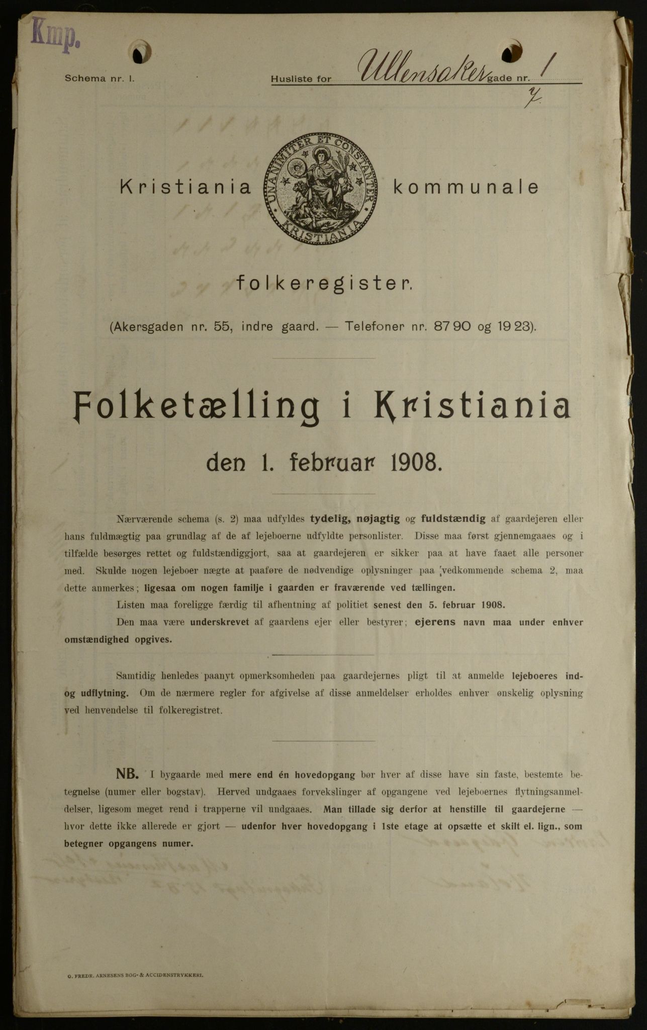 OBA, Kommunal folketelling 1.2.1908 for Kristiania kjøpstad, 1908, s. 106598