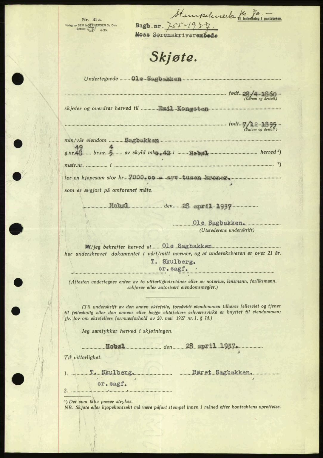 Moss sorenskriveri, SAO/A-10168: Pantebok nr. A2, 1936-1937, Dagboknr: 755/1937
