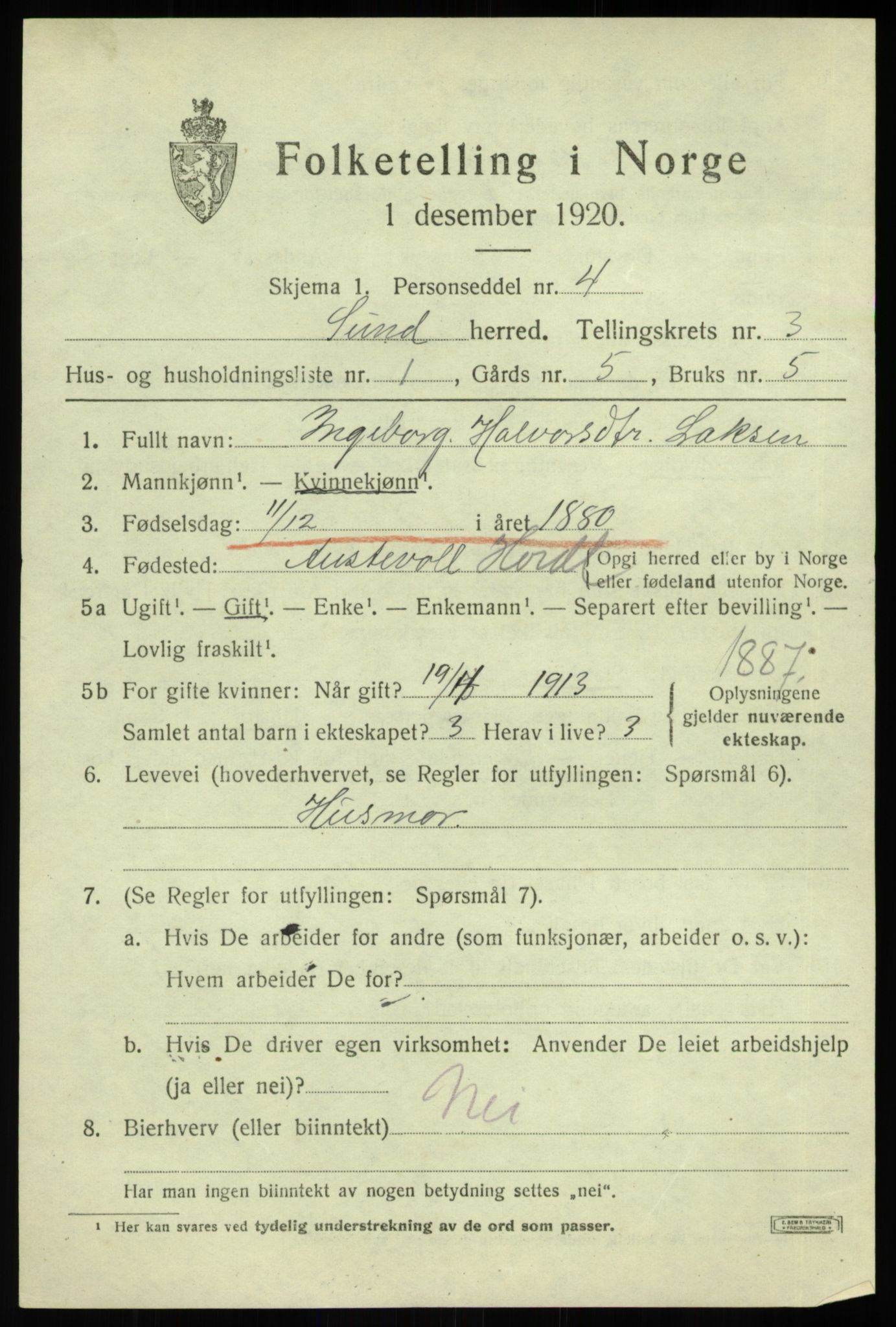 SAB, Folketelling 1920 for 1245 Sund herred, 1920, s. 1829