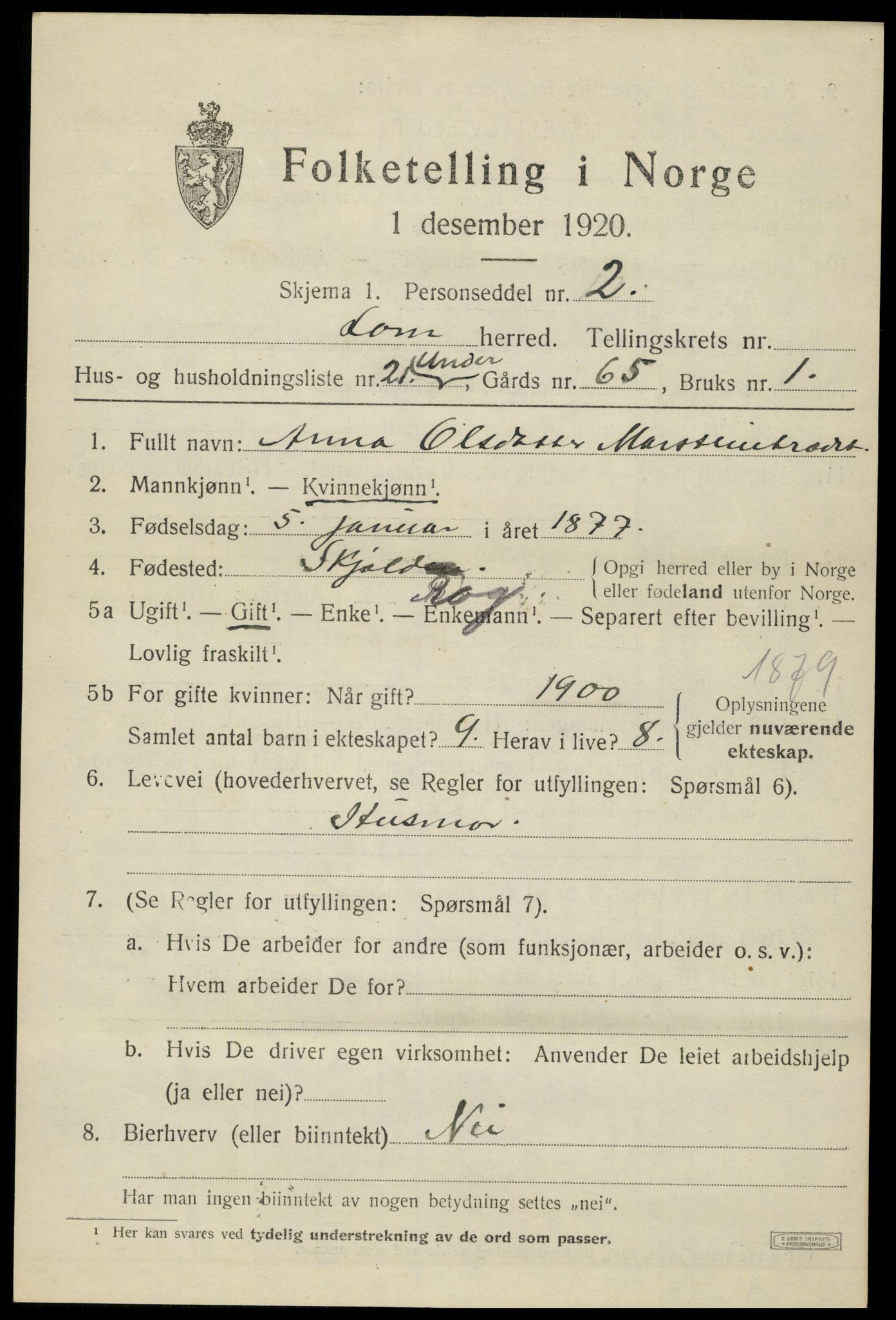 SAH, Folketelling 1920 for 0514 Lom herred, 1920, s. 2862