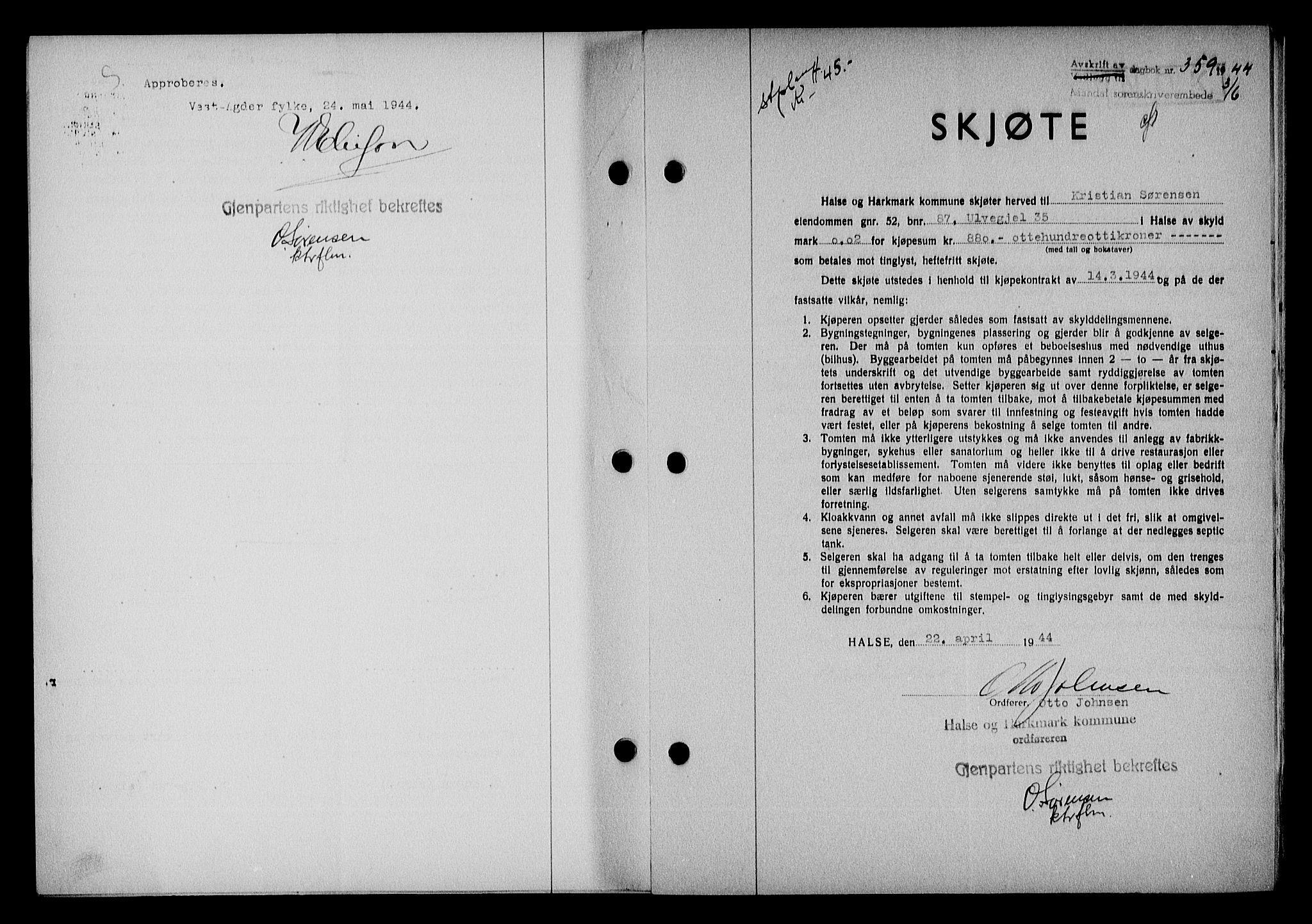 Mandal sorenskriveri, SAK/1221-0005/001/G/Gb/Gba/L0075: Pantebok nr. A-12, 1943-1944, Dagboknr: 359/1944