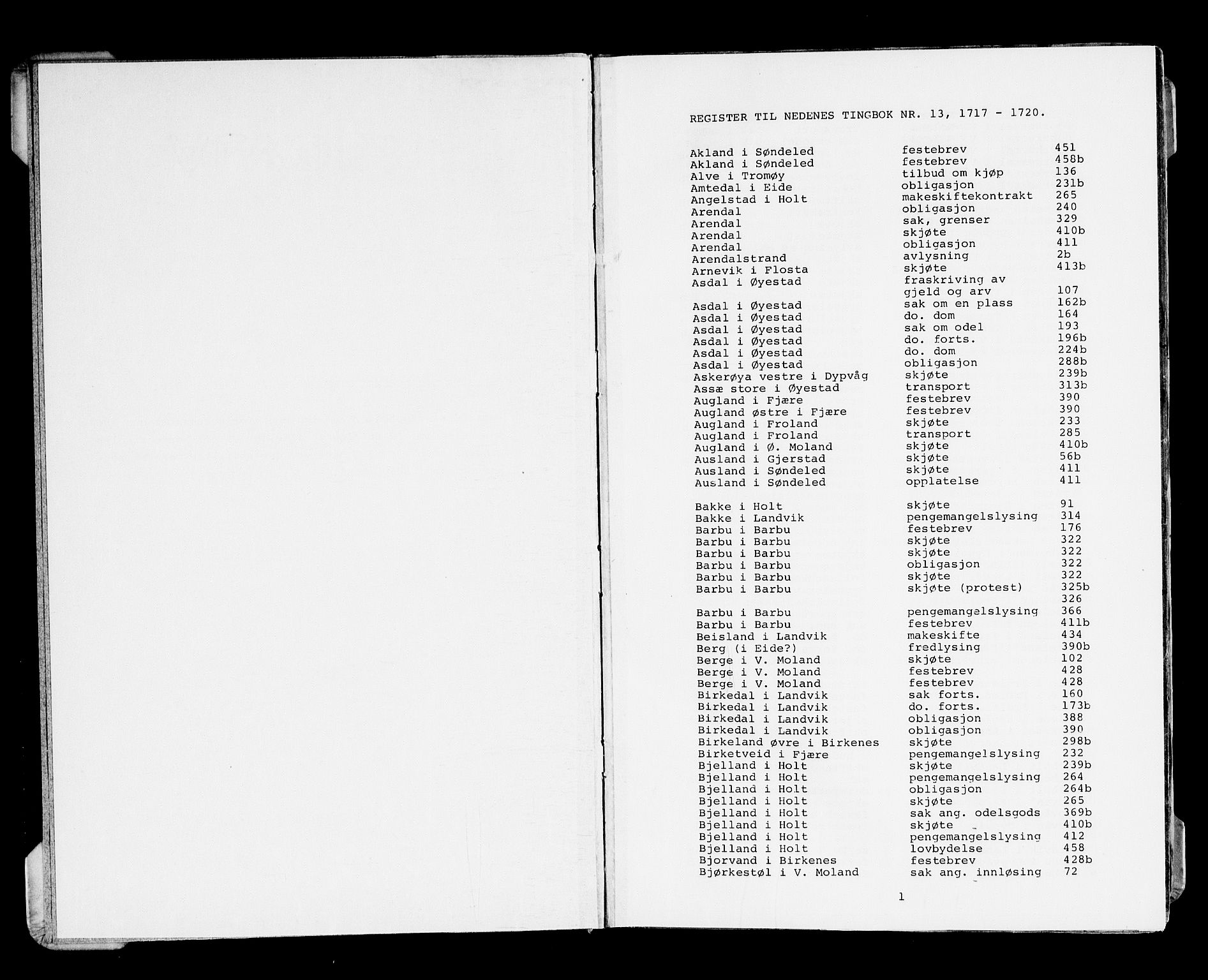 Nedenes sorenskriveri før 1824, AV/SAK-1221-0007/F/Fa/L0018: Tingbok med register nr 13, 1717-1720