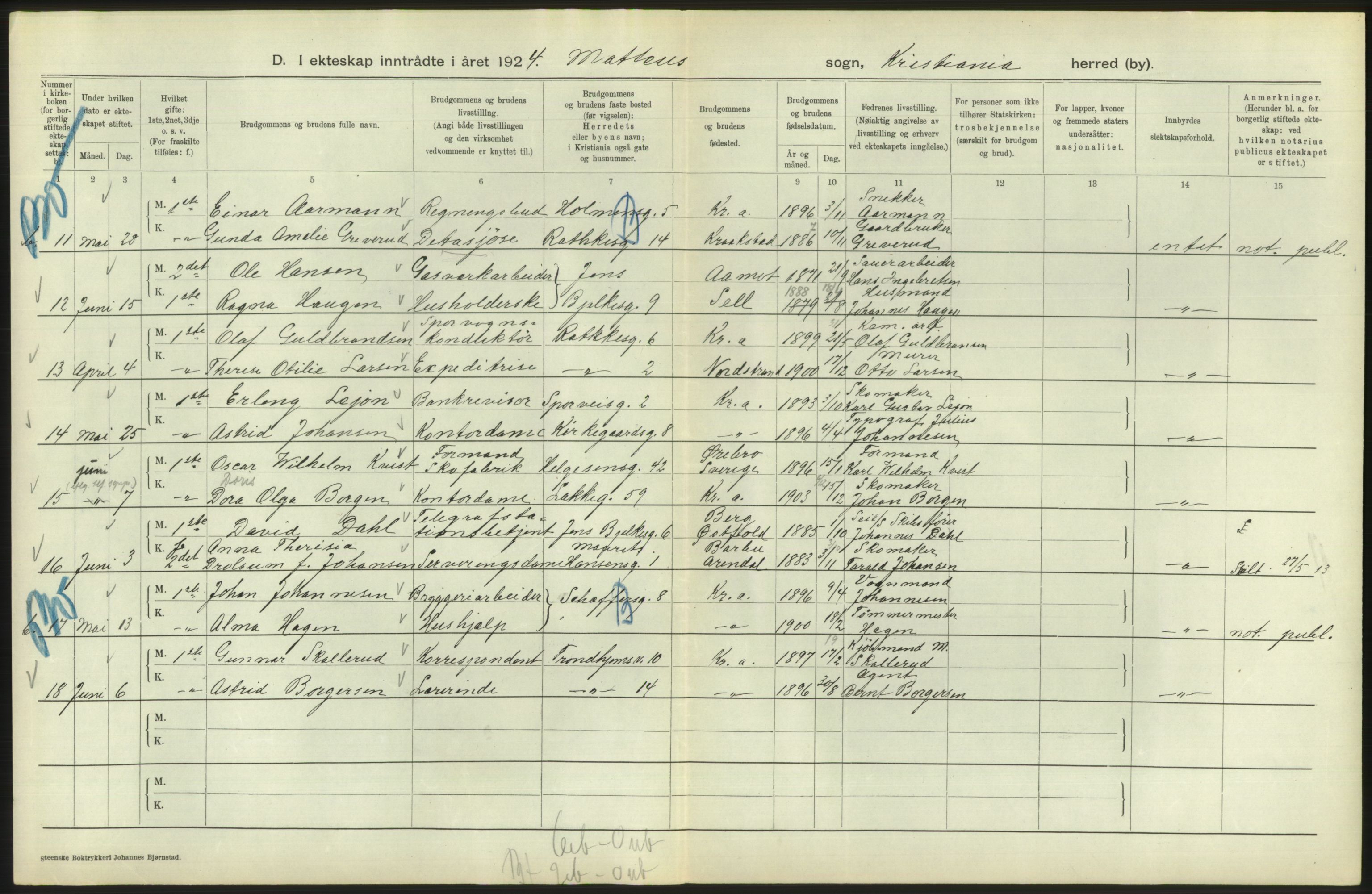 Statistisk sentralbyrå, Sosiodemografiske emner, Befolkning, AV/RA-S-2228/D/Df/Dfc/Dfcd/L0007: Kristiania: Gifte, 1924, s. 762