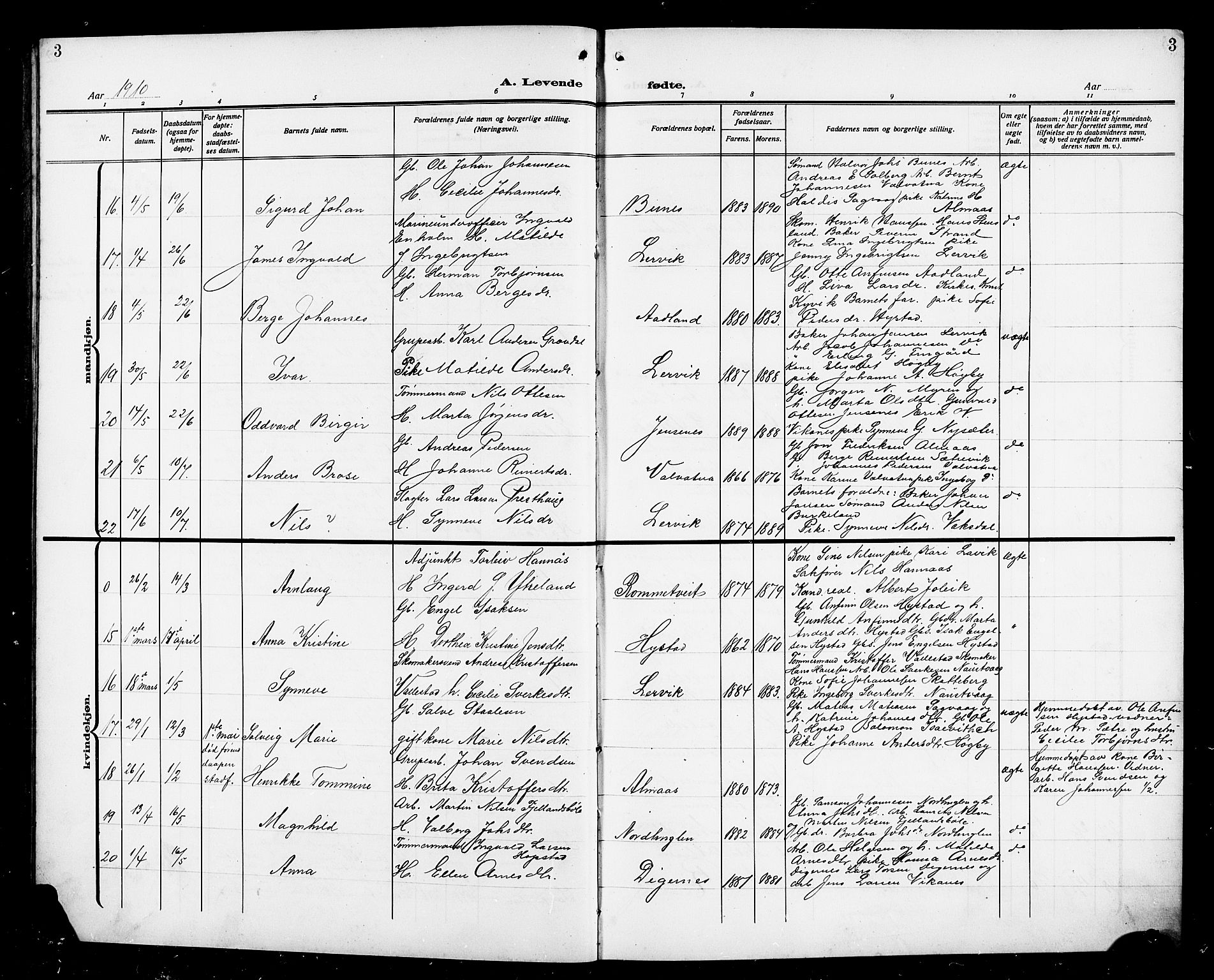 Stord sokneprestembete, AV/SAB-A-78201/H/Hab: Klokkerbok nr. A 3, 1910-1919, s. 3