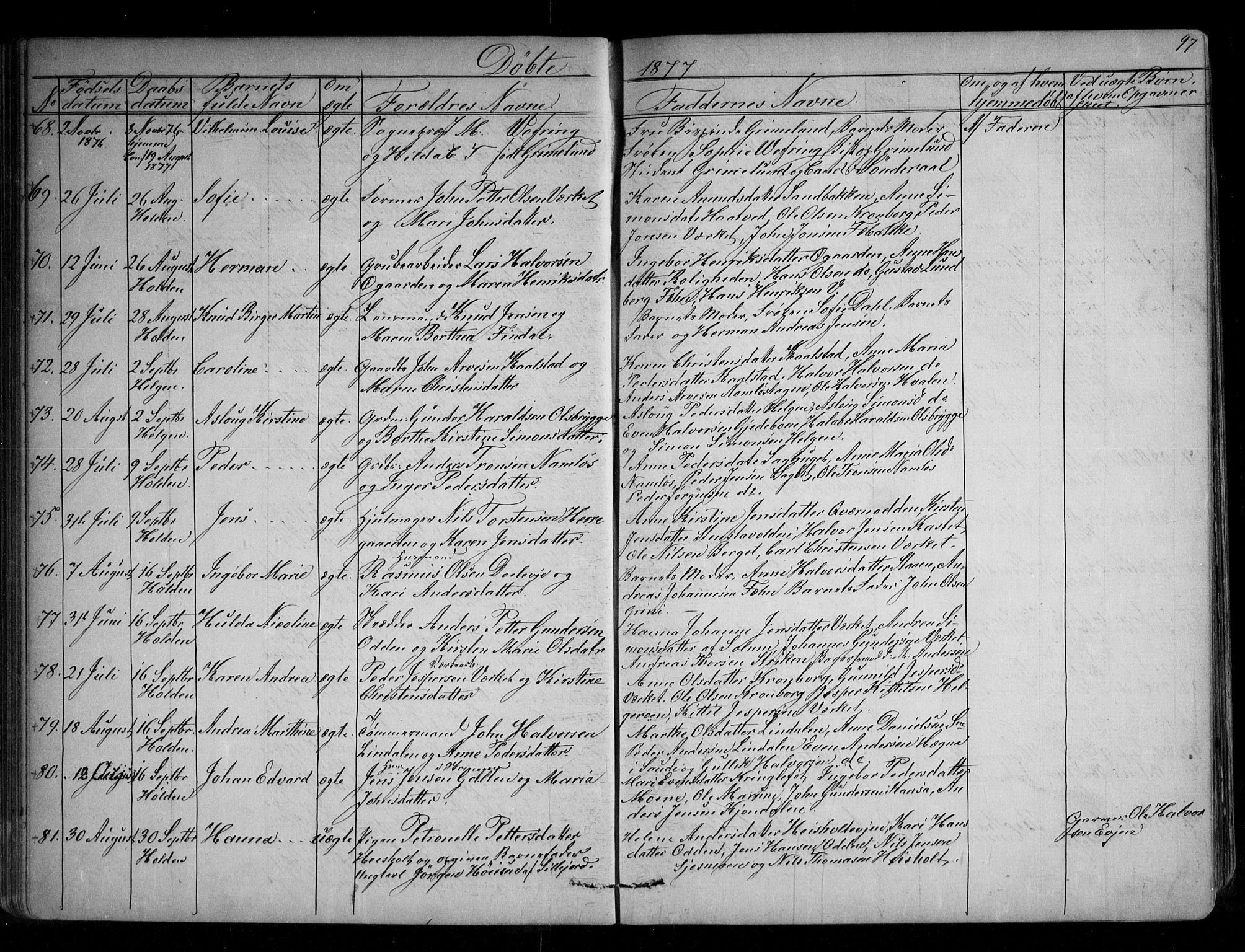 Holla kirkebøker, AV/SAKO-A-272/G/Ga/L0004: Klokkerbok nr. I 4, 1867-1890, s. 97