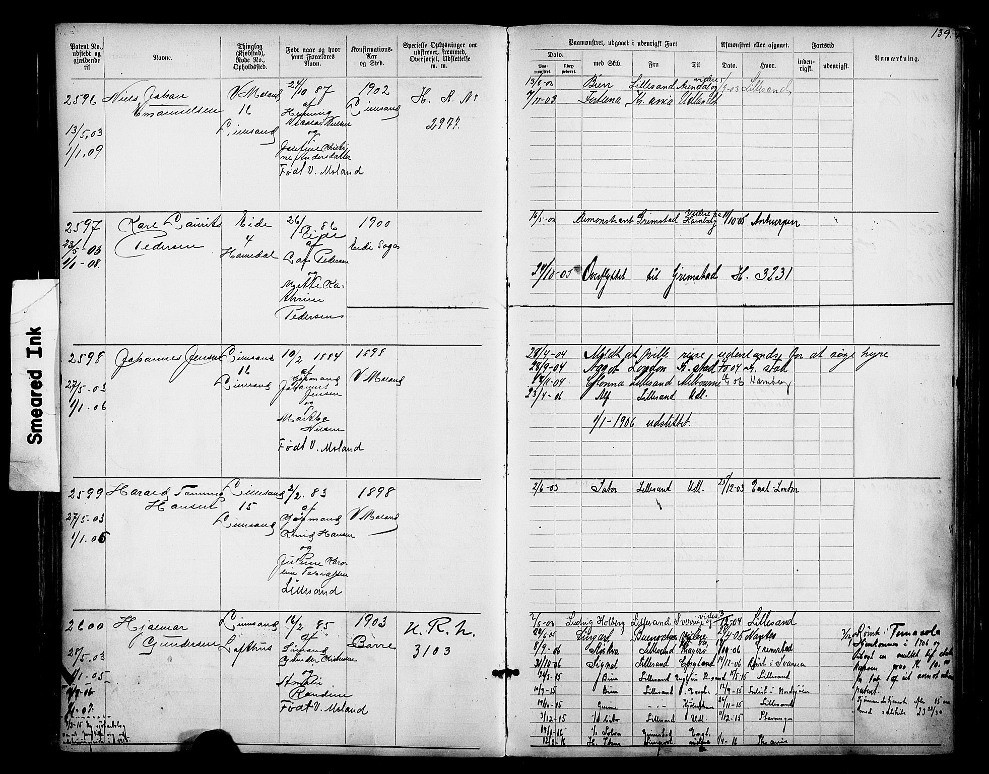 Lillesand mønstringskrets, SAK/2031-0014/F/Fa/L0003: Annotasjonsrulle nr 1911-3489 med register, W-9, 1891-1932, s. 168