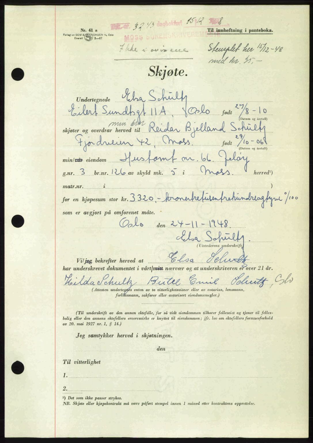 Moss sorenskriveri, SAO/A-10168: Pantebok nr. A20, 1948-1948, Dagboknr: 3243/1948