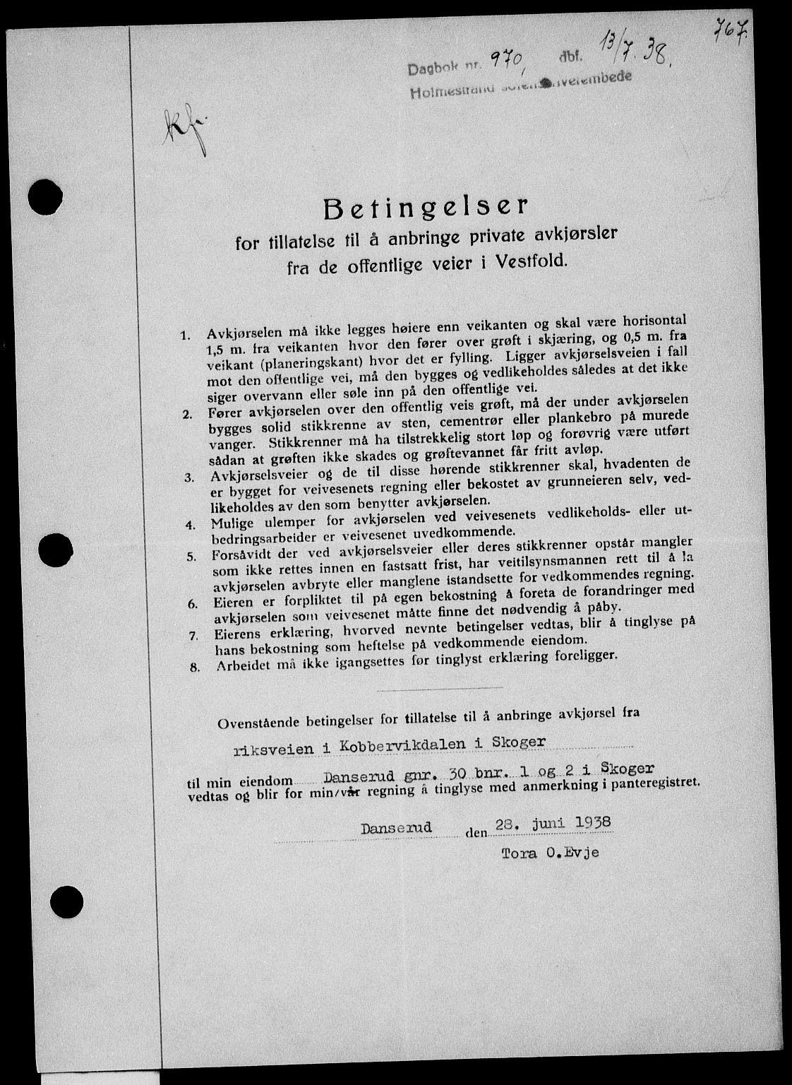 Holmestrand sorenskriveri, SAKO/A-67/G/Ga/Gaa/L0049: Pantebok nr. A-49, 1937-1938, Dagboknr: 970/1938