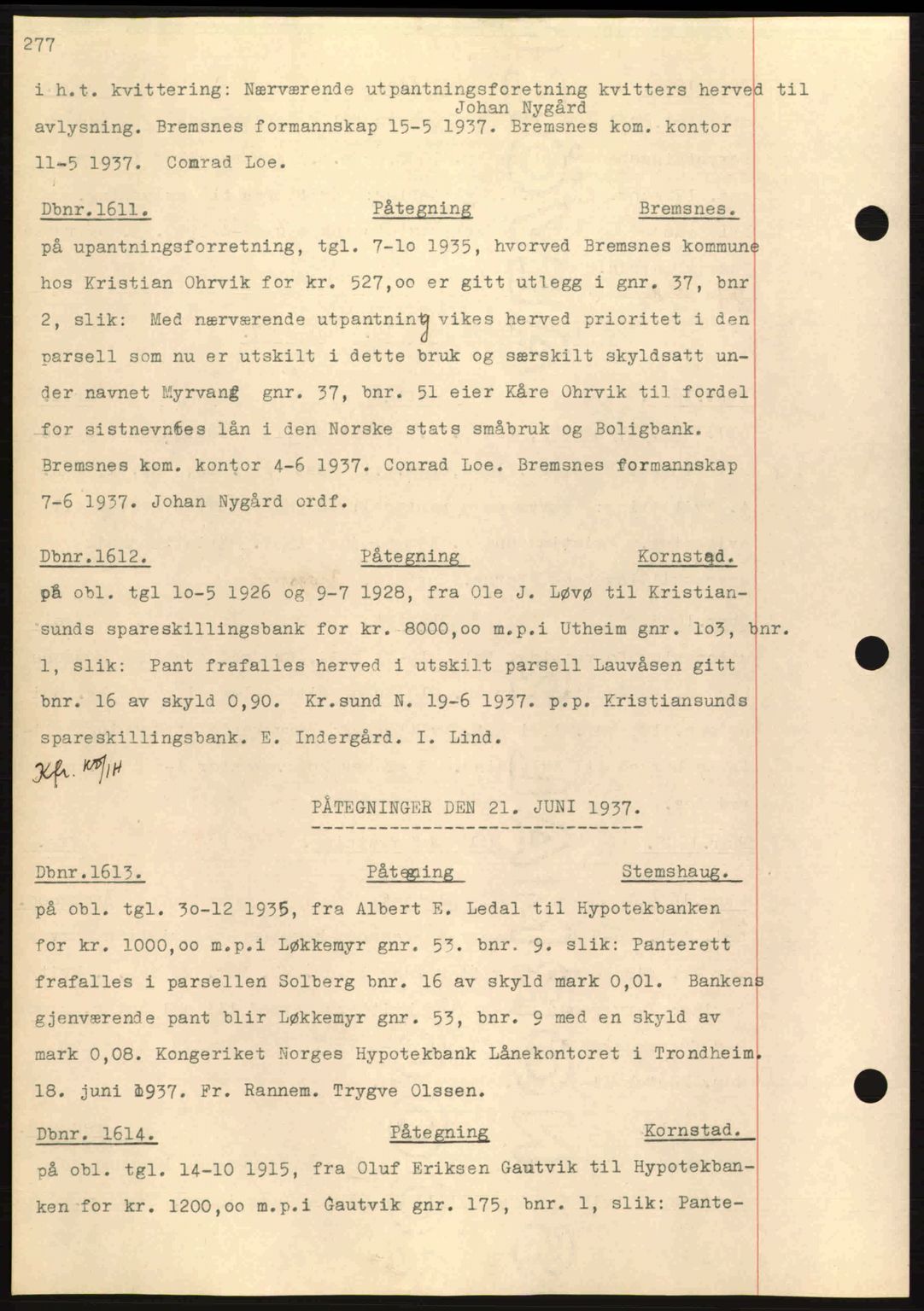 Nordmøre sorenskriveri, SAT/A-4132/1/2/2Ca: Pantebok nr. C80, 1936-1939, Dagboknr: 1611/1937