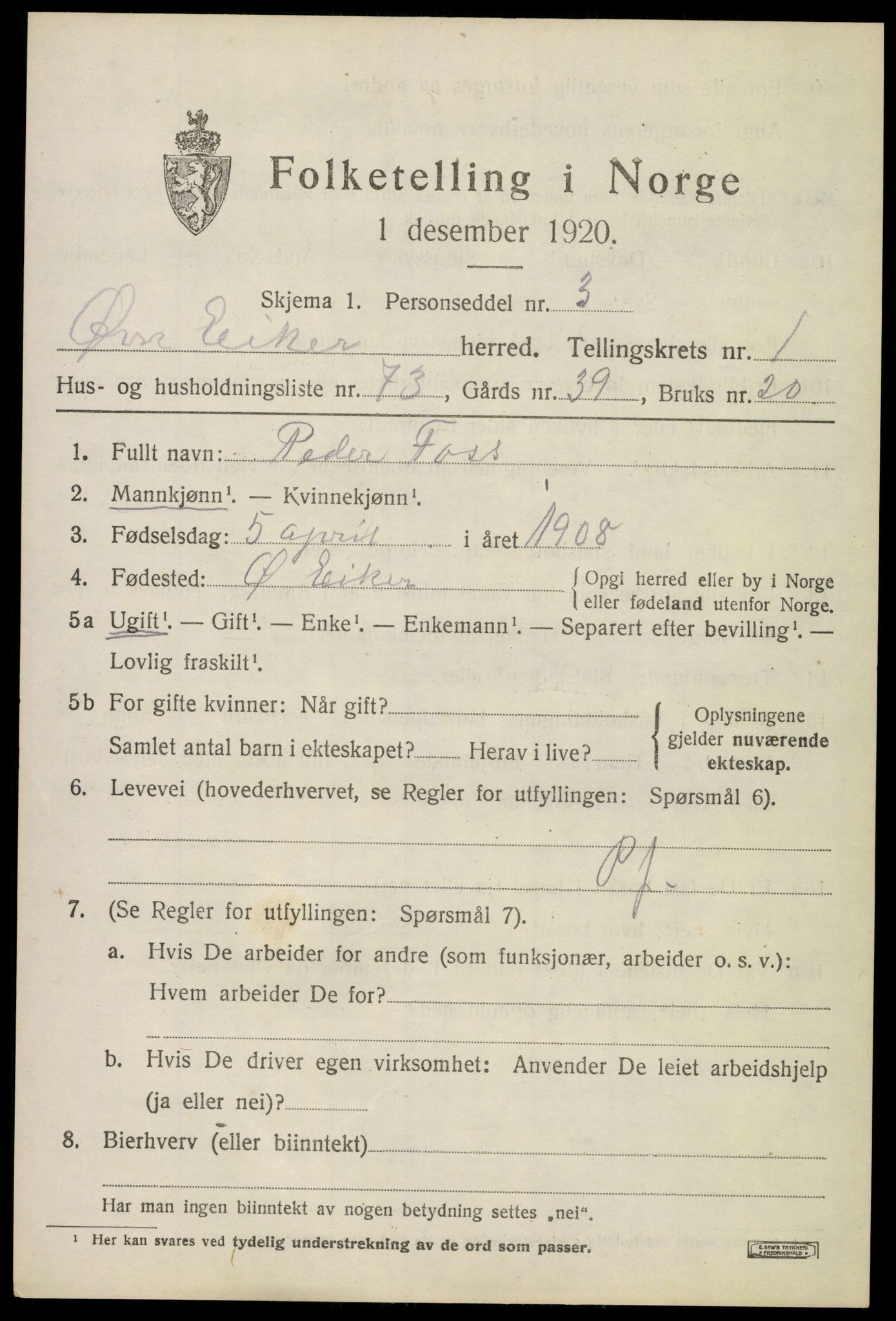 SAKO, Folketelling 1920 for 0624 Øvre Eiker herred, 1920, s. 4374