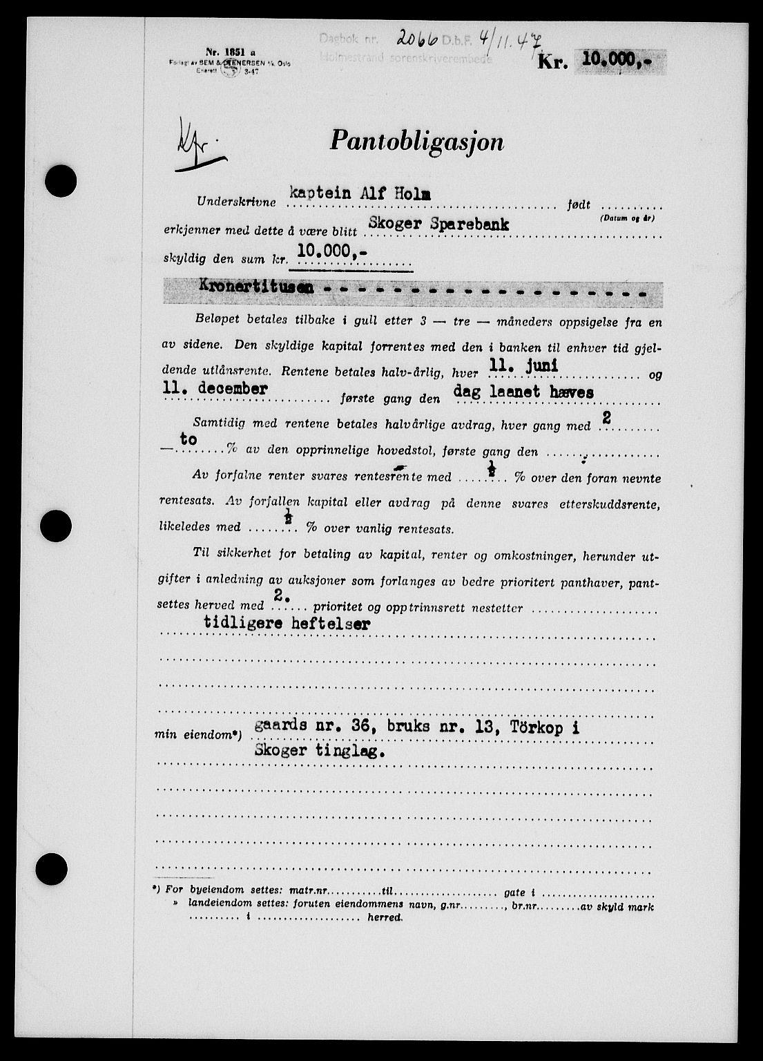 Holmestrand sorenskriveri, SAKO/A-67/G/Ga/Gab/L0058: Pantebok nr. B-58, 1947-1948, Dagboknr: 2066/1947