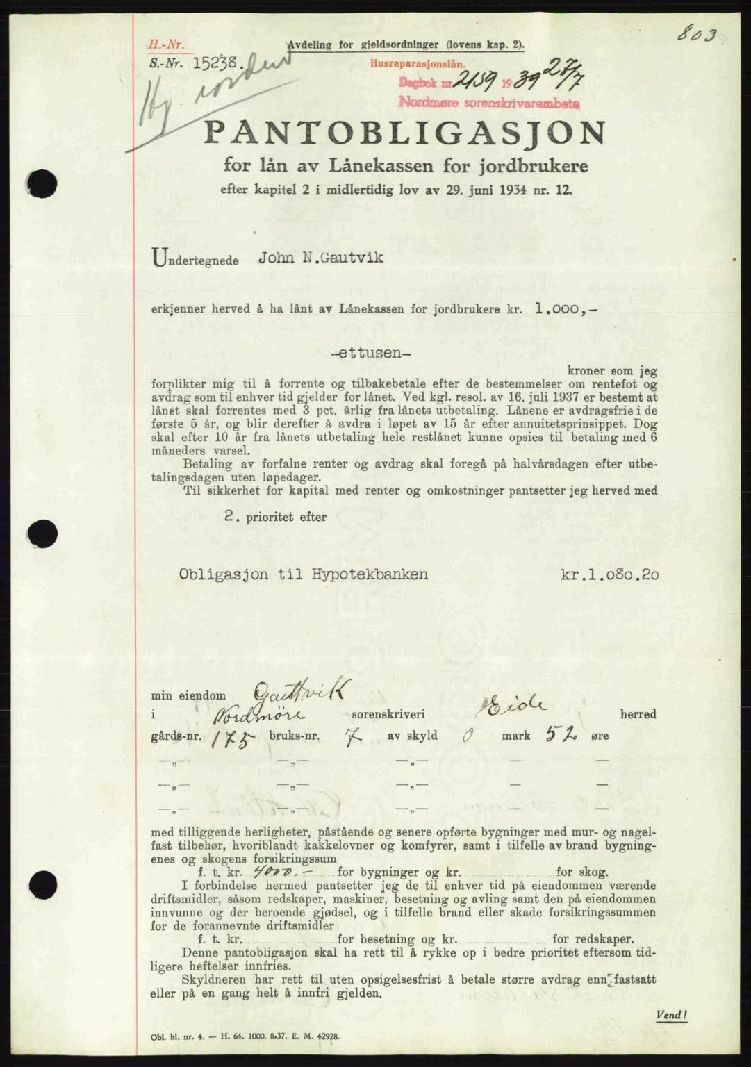 Nordmøre sorenskriveri, AV/SAT-A-4132/1/2/2Ca: Pantebok nr. B85, 1939-1939, Dagboknr: 2159/1939