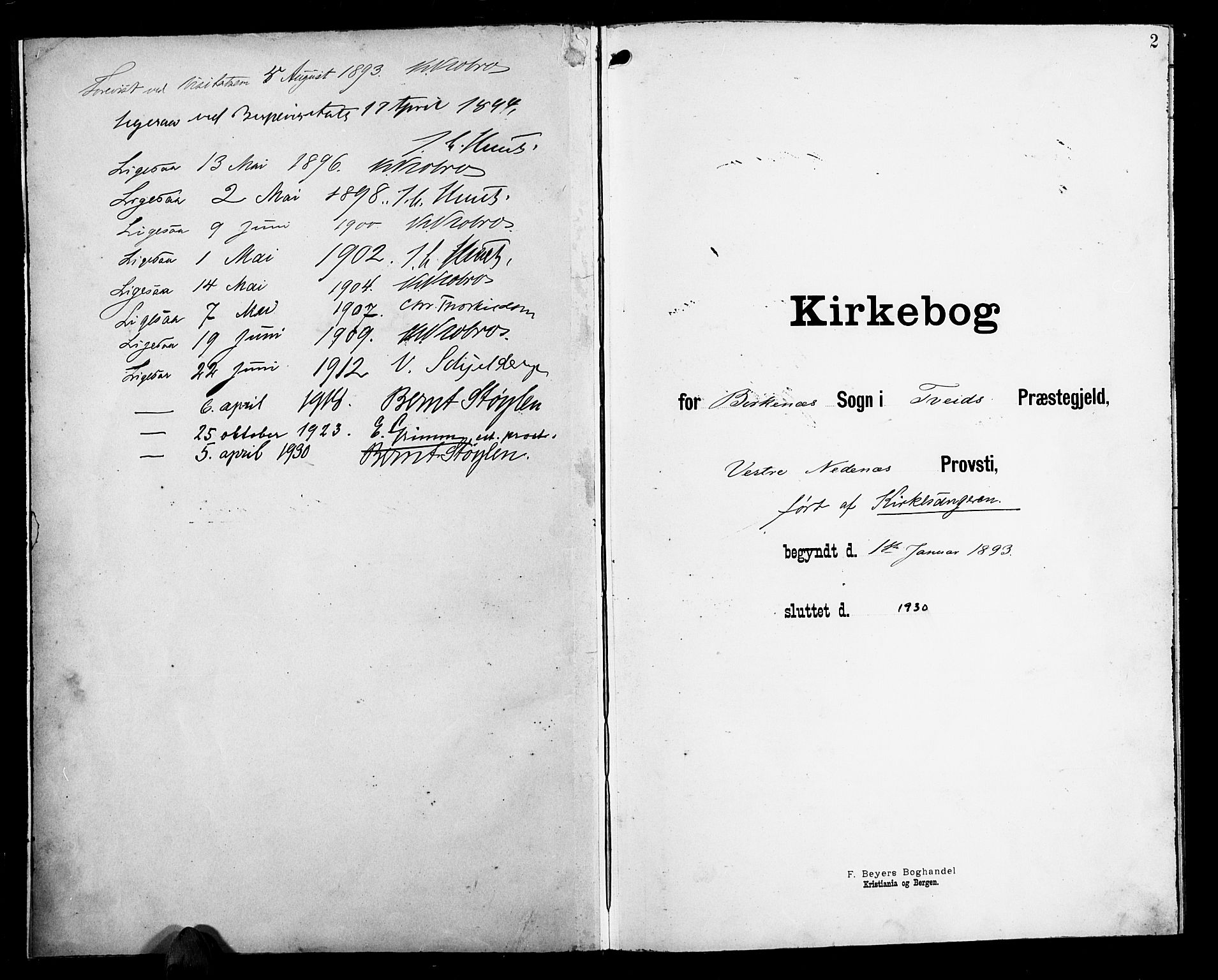 Birkenes sokneprestkontor, SAK/1111-0004/F/Fb/L0004: Klokkerbok nr. B 4, 1893-1930
