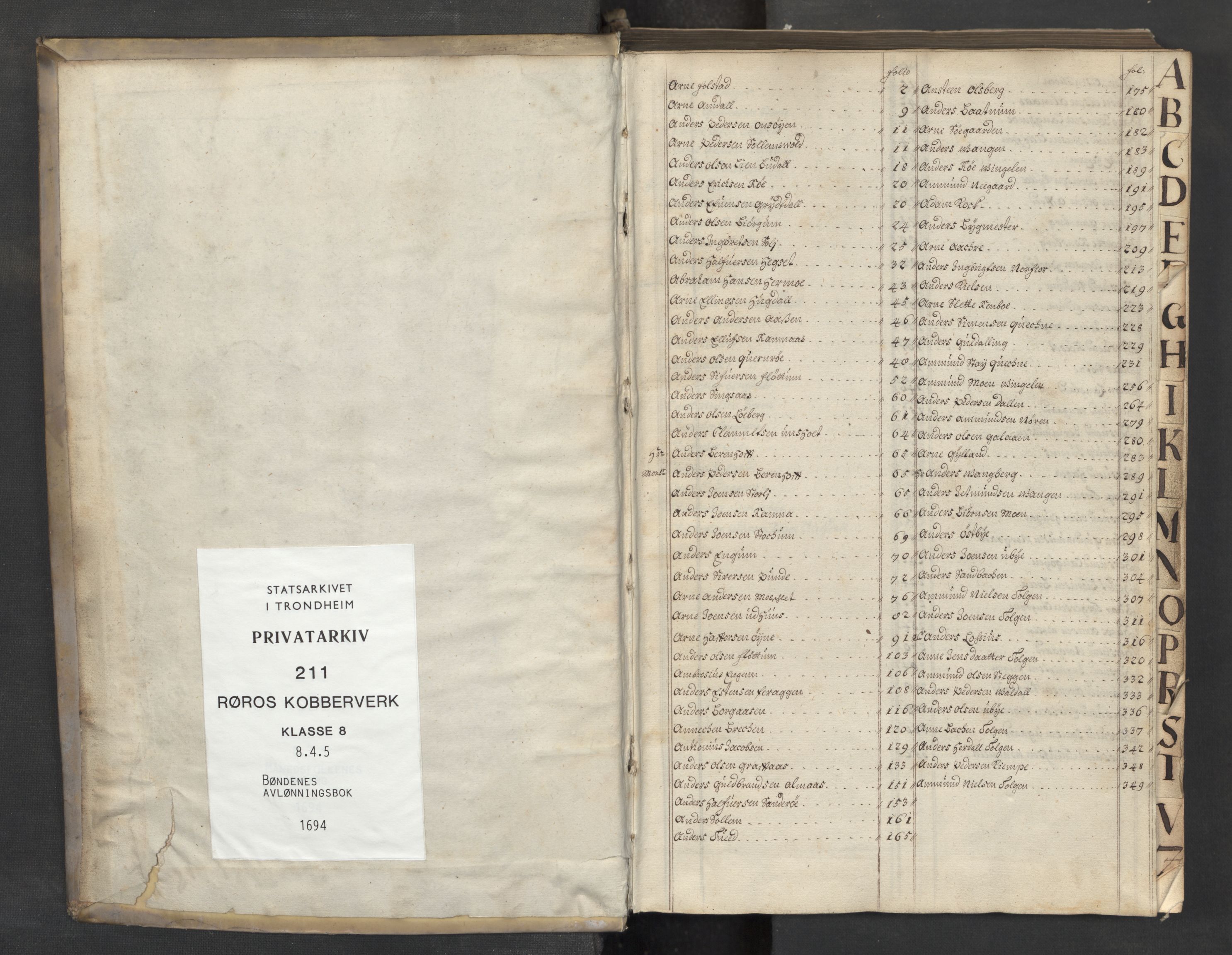 Røros kobberverk, SAT/PA-0211/1/08/L0415: 8.4.5 Bøndenes avlønningsbok, 1694