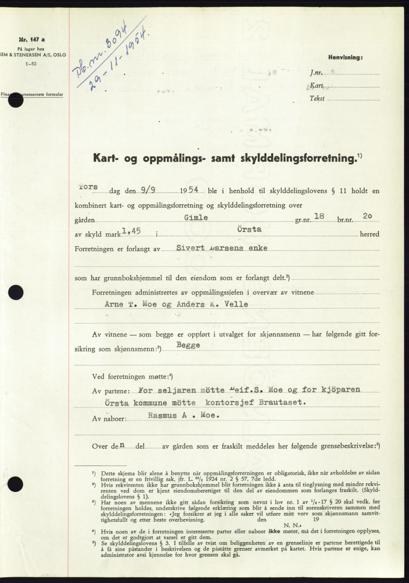 Søre Sunnmøre sorenskriveri, AV/SAT-A-4122/1/2/2C/L0099: Pantebok nr. 25A, 1954-1954, Dagboknr: 3094/1954