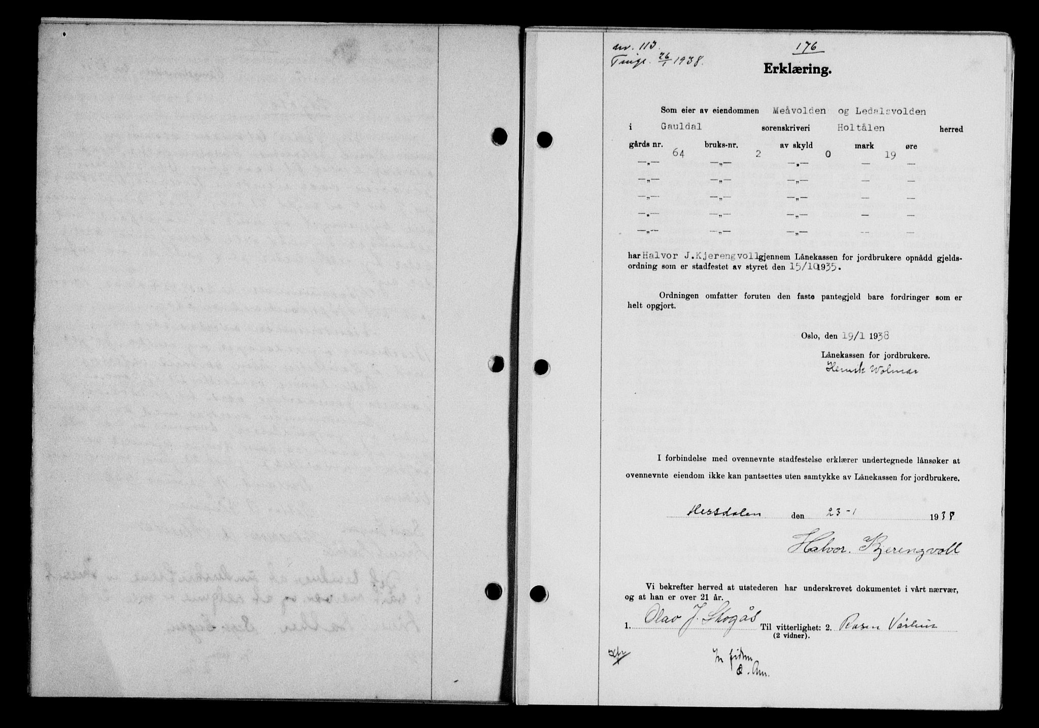 Gauldal sorenskriveri, SAT/A-0014/1/2/2C/L0048: Pantebok nr. 51-52, 1937-1938, s. 176, Dagboknr: 113/1938