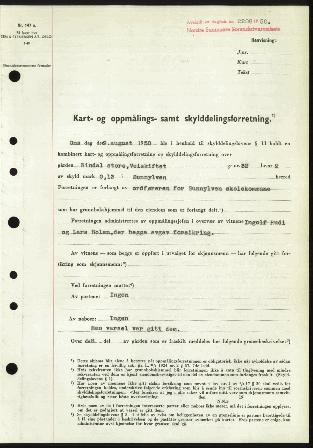 Nordre Sunnmøre sorenskriveri, SAT/A-0006/1/2/2C/2Ca: Pantebok nr. A36, 1950-1950, Dagboknr: 2208/1950