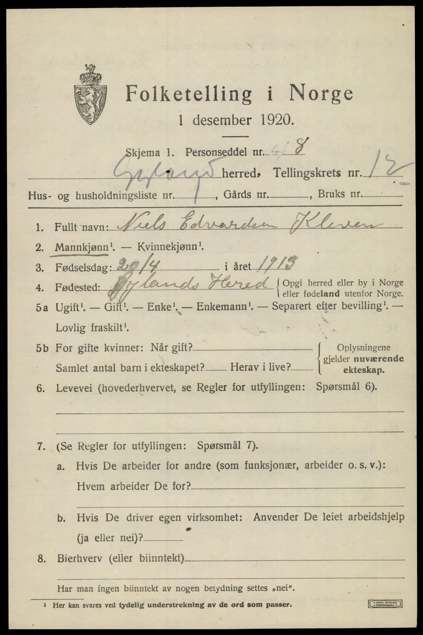 SAK, Folketelling 1920 for 1044 Gyland herred, 1920, s. 2436