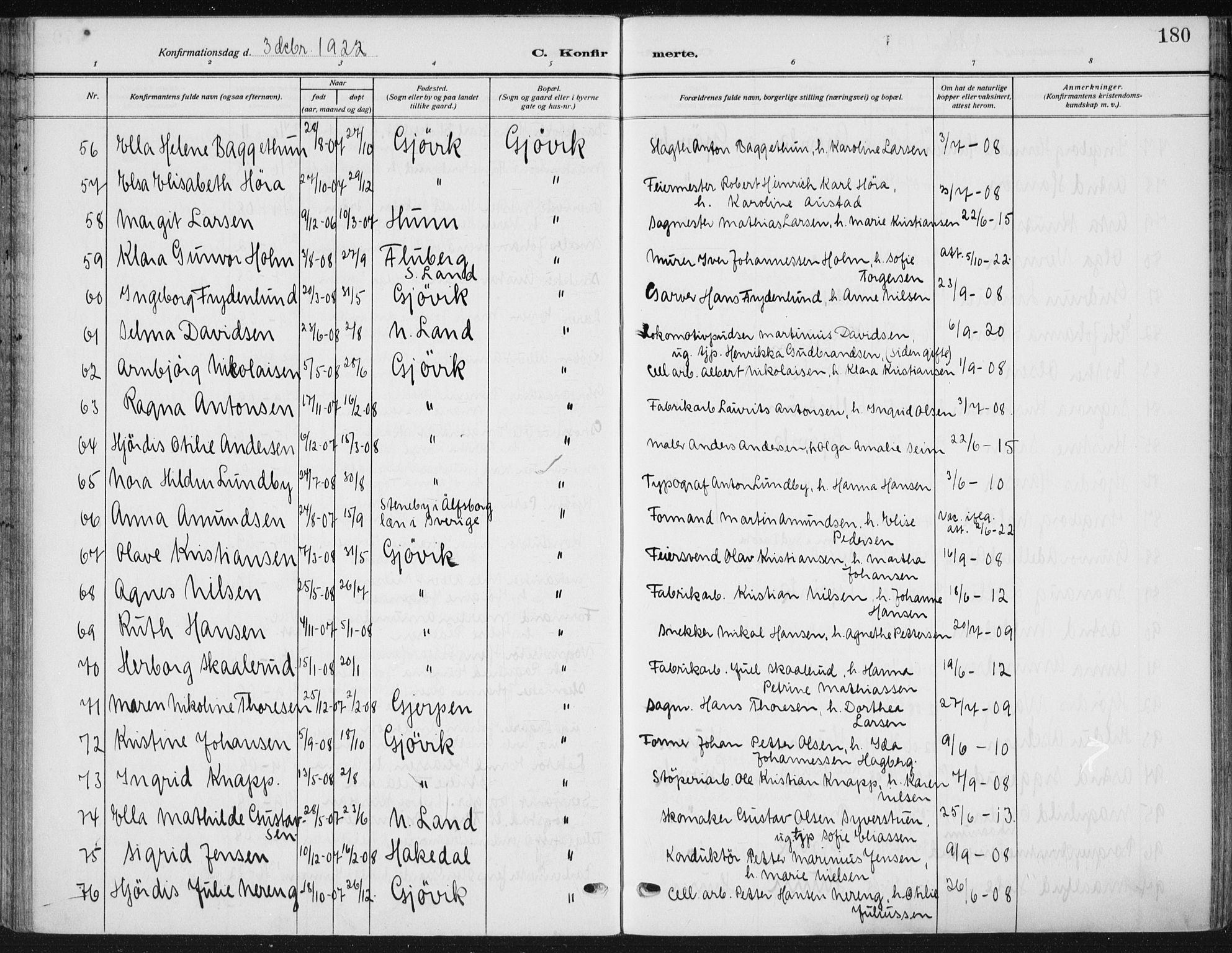 Vardal prestekontor, AV/SAH-PREST-100/H/Ha/Haa/L0014: Ministerialbok nr. 14, 1912-1922, s. 180