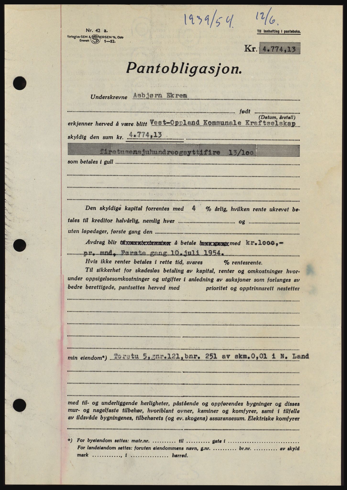 Hadeland og Land tingrett, SAH/TING-010/H/Hb/Hbc/L0030: Pantebok nr. B30, 1954-1954, Dagboknr: 1939/1954