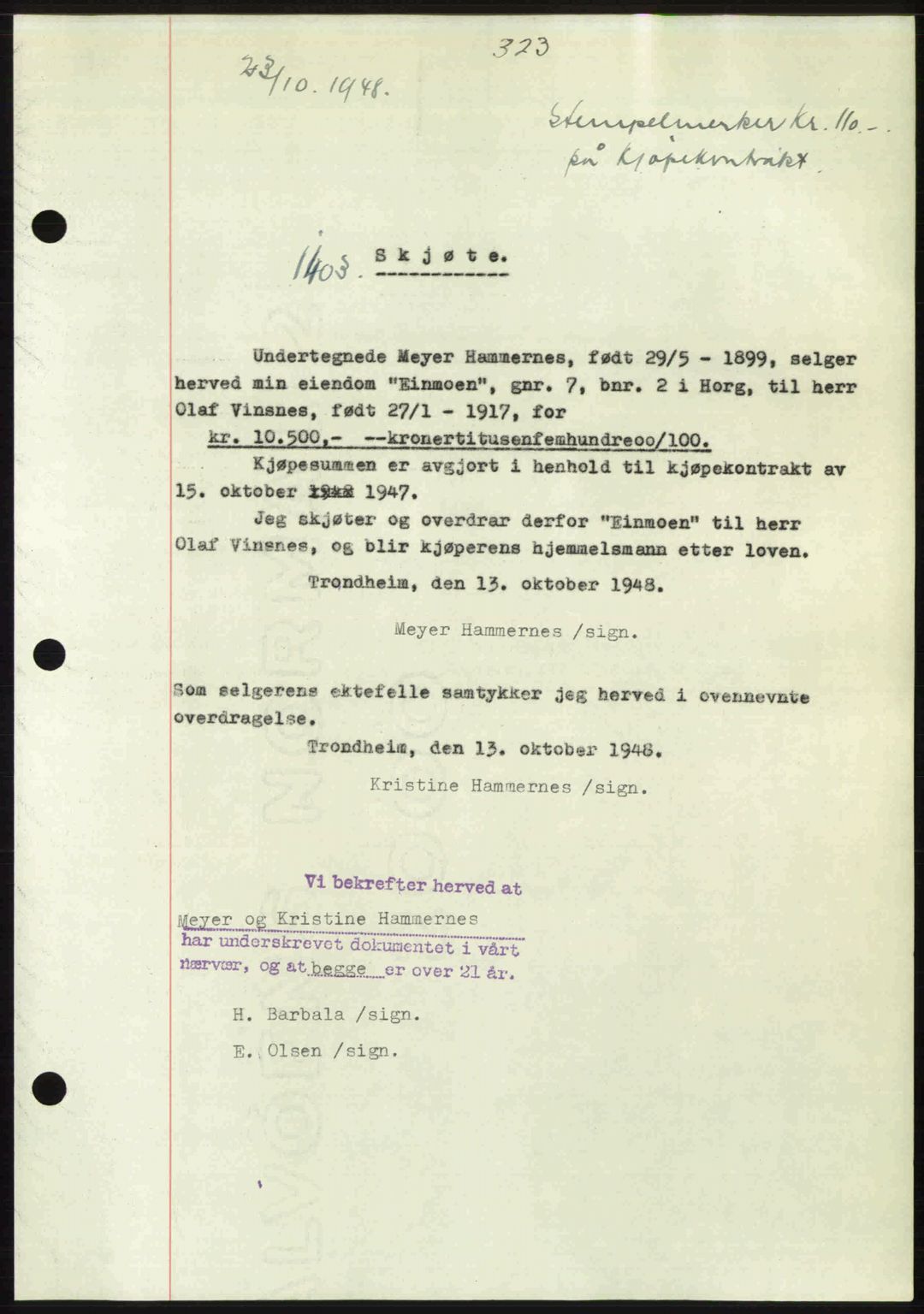 Gauldal sorenskriveri, SAT/A-0014/1/2/2C: Pantebok nr. A6, 1948-1948, Dagboknr: 1403/1948