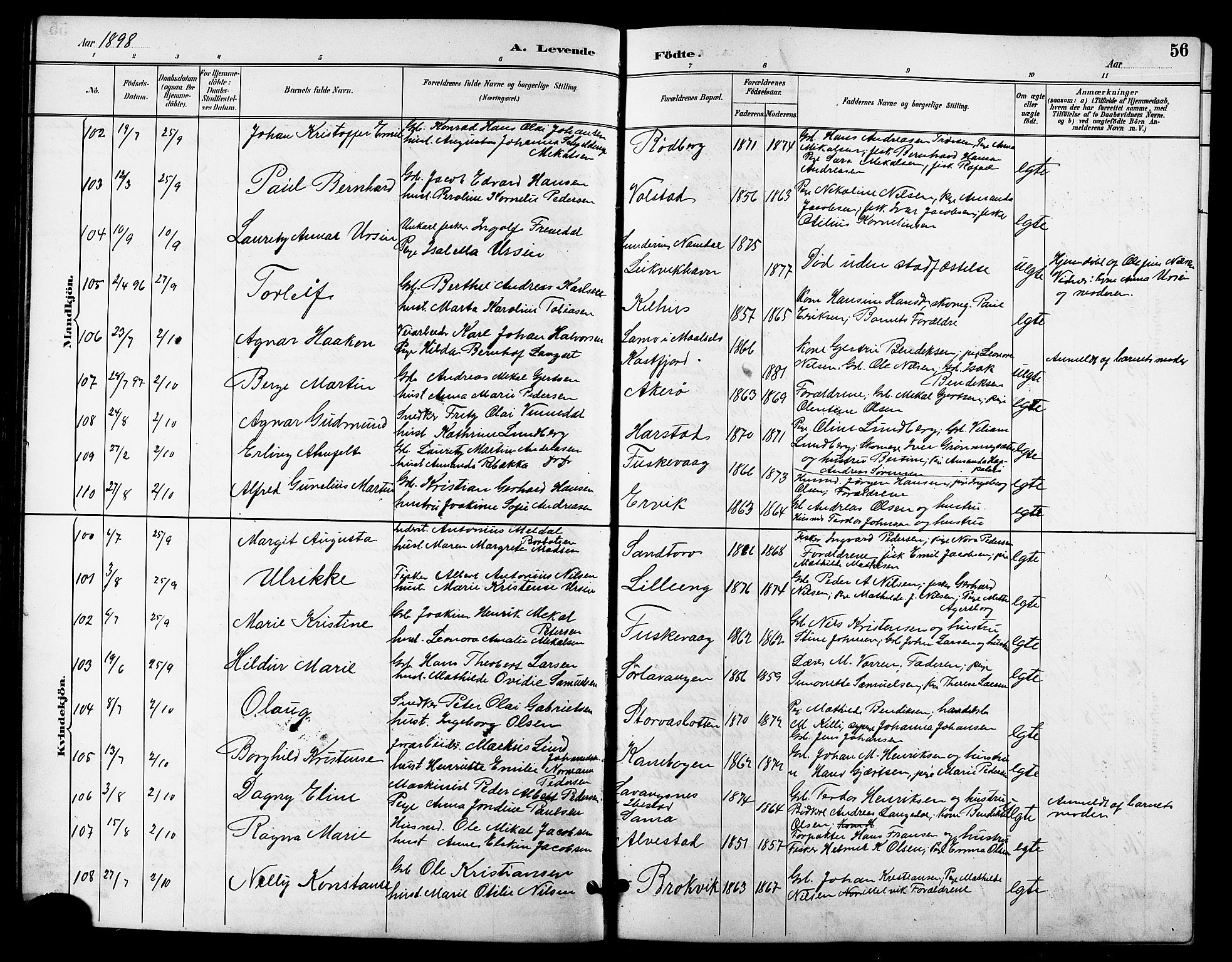 Trondenes sokneprestkontor, AV/SATØ-S-1319/H/Hb/L0011klokker: Klokkerbok nr. 11, 1891-1906, s. 56