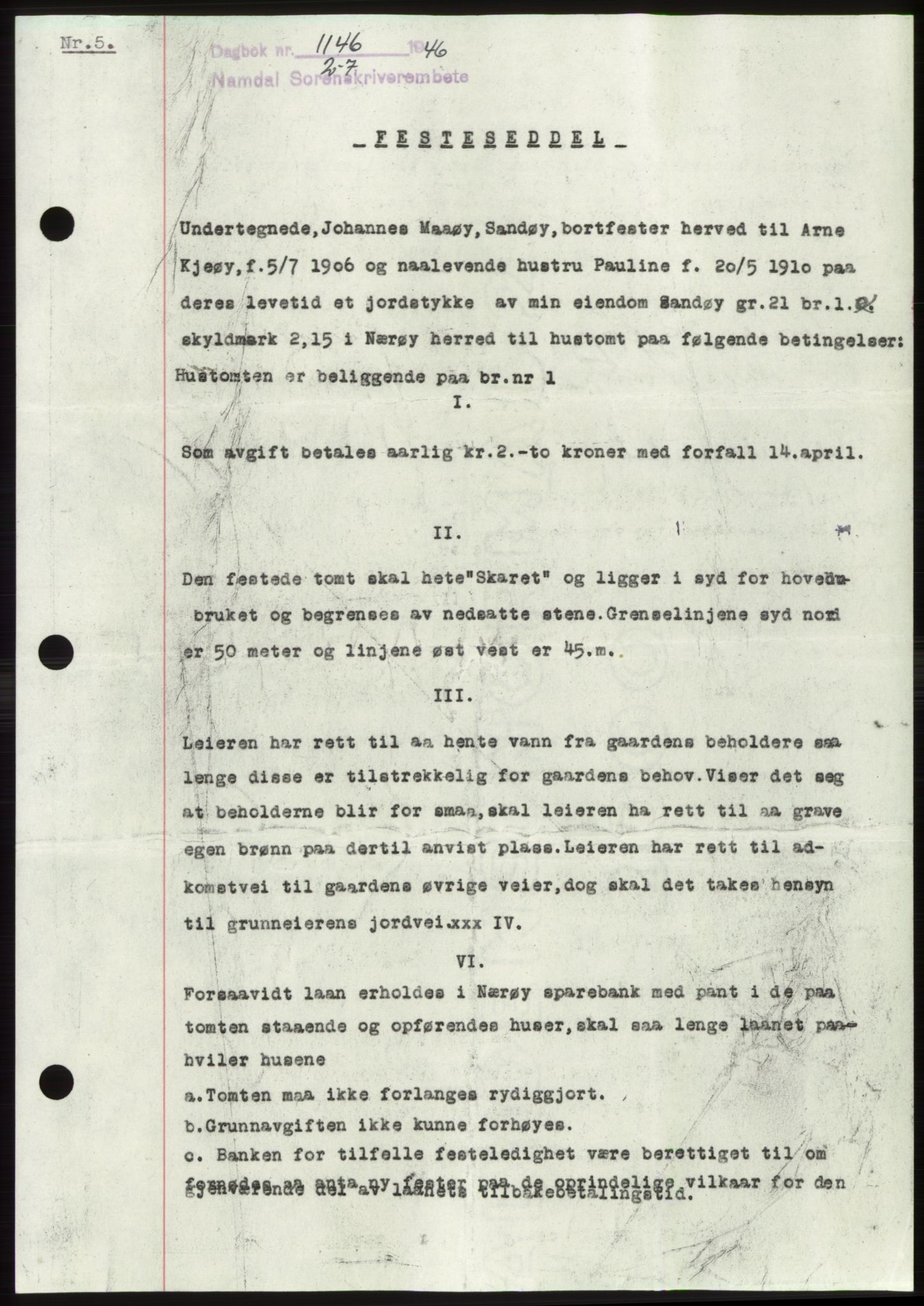 Namdal sorenskriveri, SAT/A-4133/1/2/2C: Pantebok nr. -, 1946-1946, Dagboknr: 1146/1946
