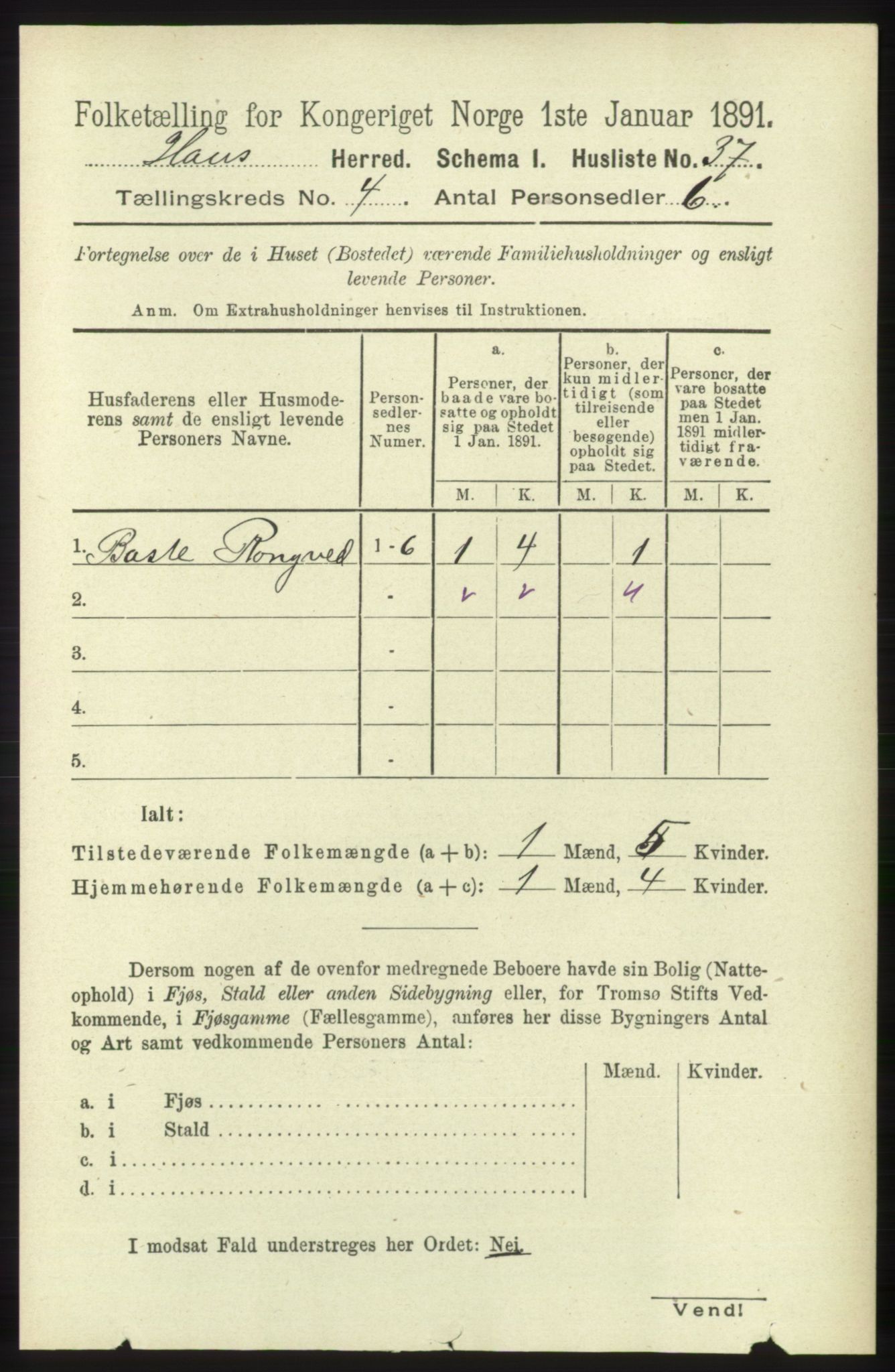 RA, Folketelling 1891 for 1250 Haus herred, 1891, s. 1378