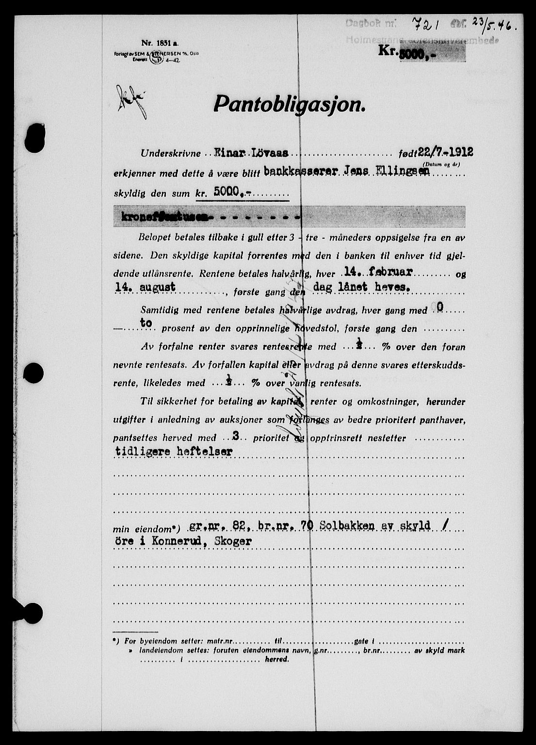 Holmestrand sorenskriveri, SAKO/A-67/G/Ga/Gab/L0055: Pantebok nr. B-55, 1945-1946, Dagboknr: 721/1946