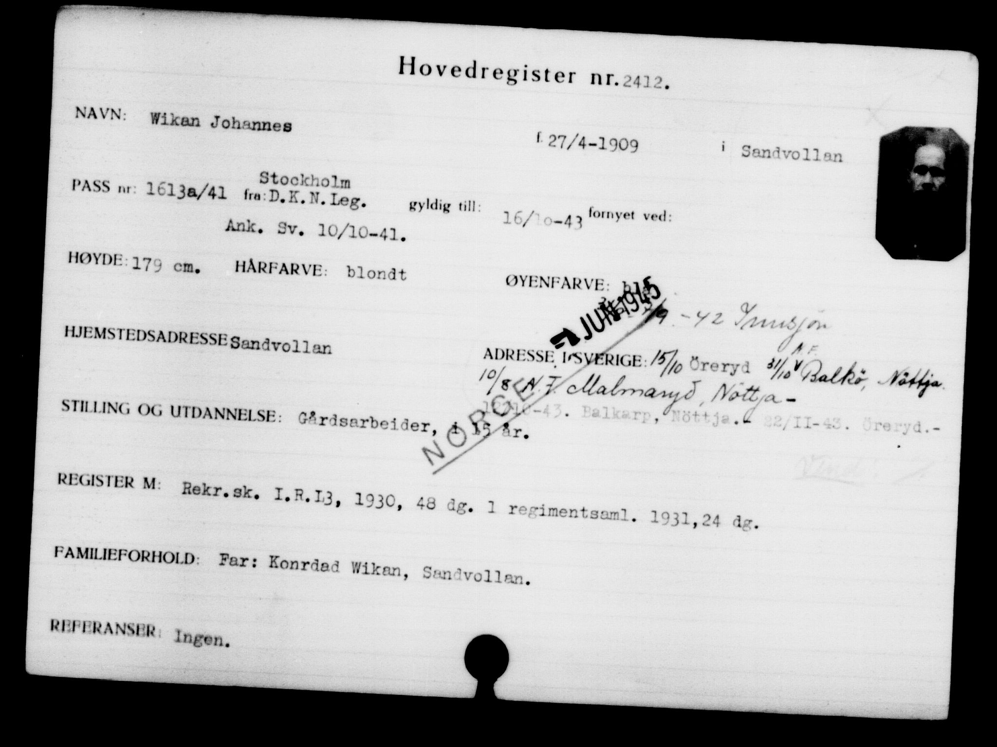 Utenriksstasjonene, Legasjonen i Stockholm, Flyktningkontoret, AV/RA-S-6753/V/Va/L0003: Kjesäterkartoteket, flyktninger med registreringsnr. 2001-3495, 1940-1945, s. 584